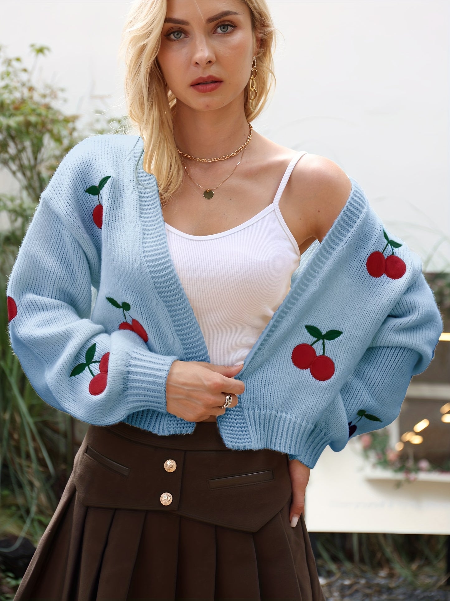 gbolsos Cherry Embroidered Knit Cardigan, Casual Open Front Long Sleeve Sweater, Women's Clothing