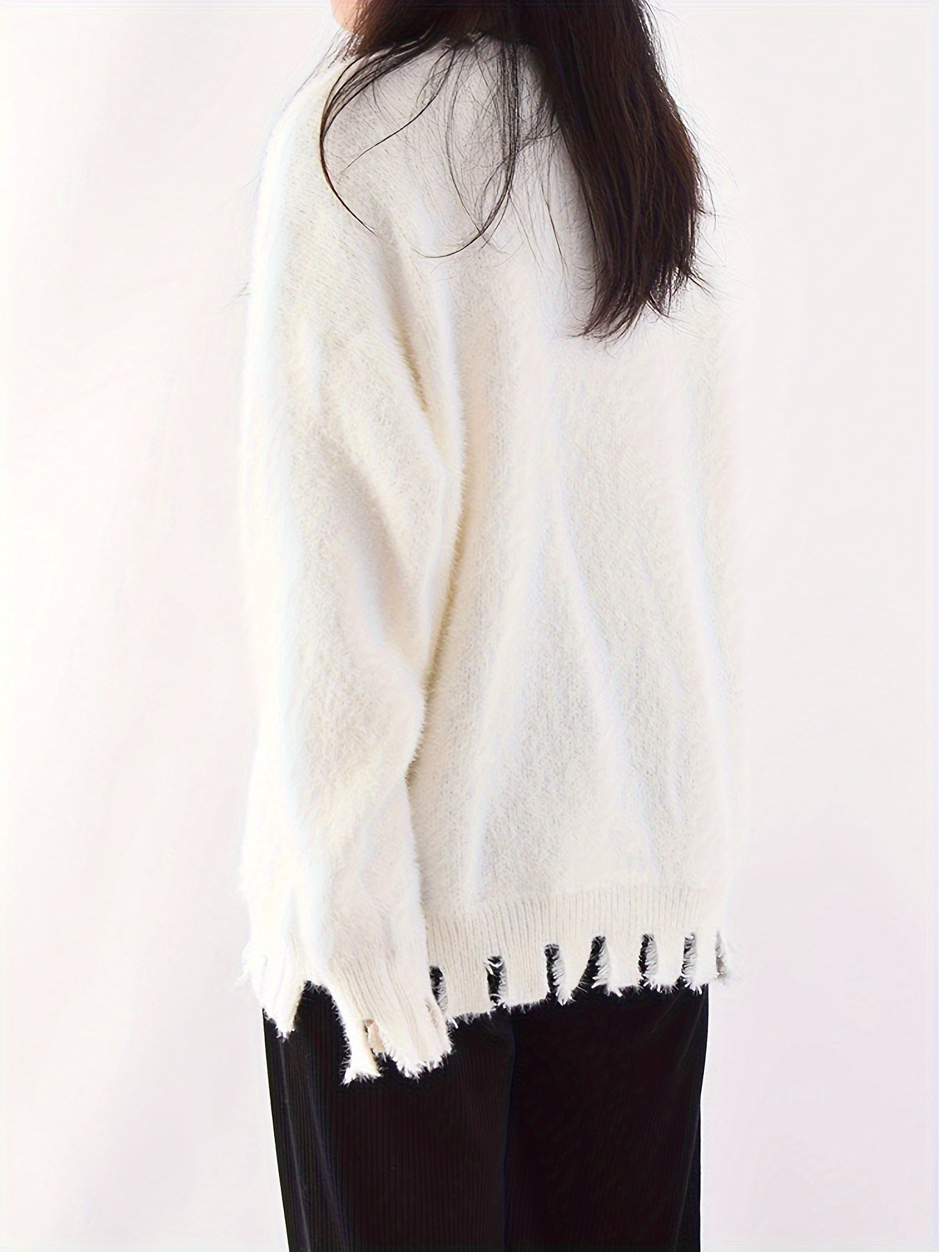 gbolsos Graphic Pattern Ripped Pullover Sweater, Vintage Long Sleeve Loose Sweater, Women's Clothing