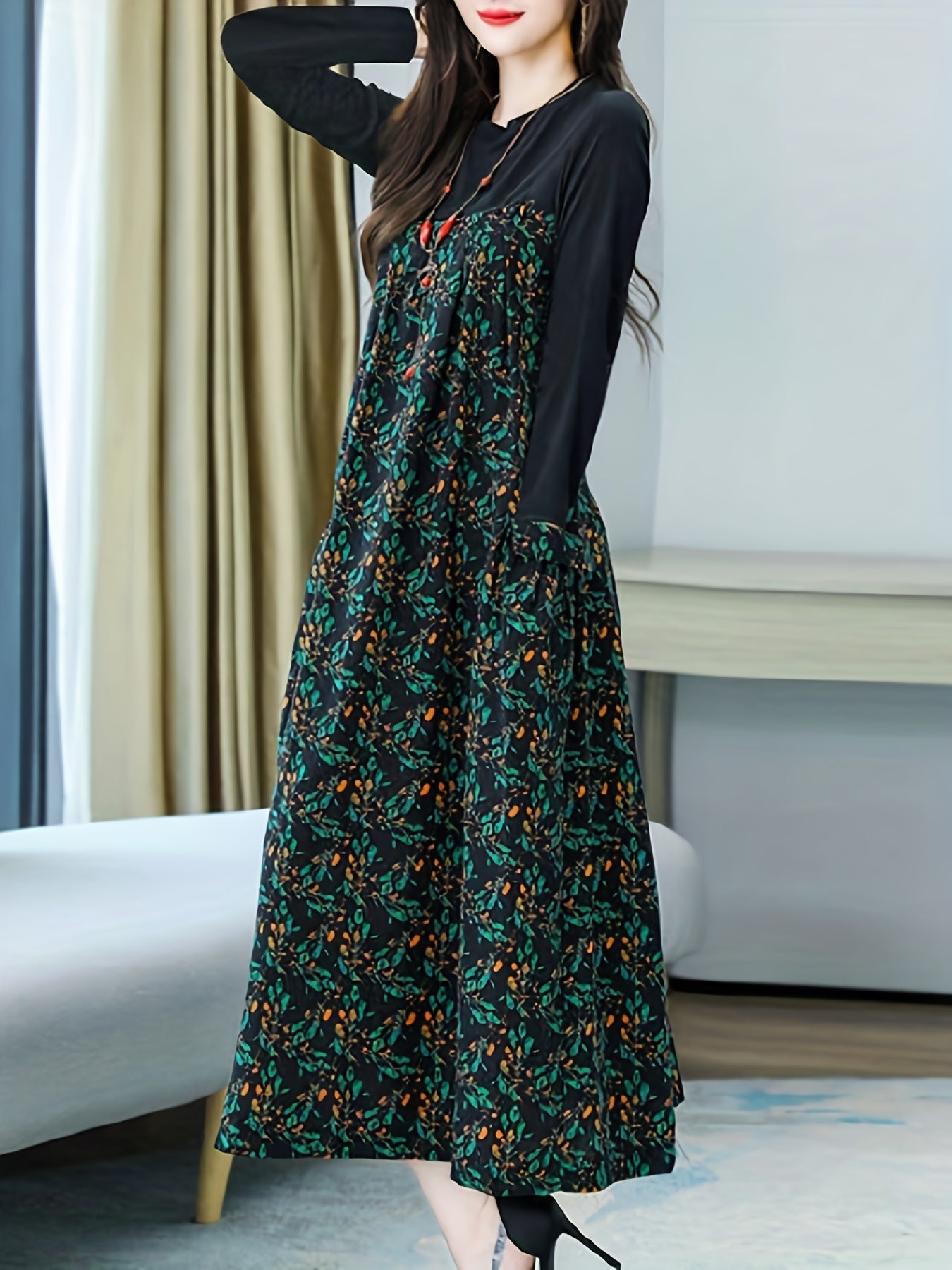 gbolsos Floral Print Crew Neck Dress, Casual Long Sleeve Dress For Spring & Fall, Women's Clothing