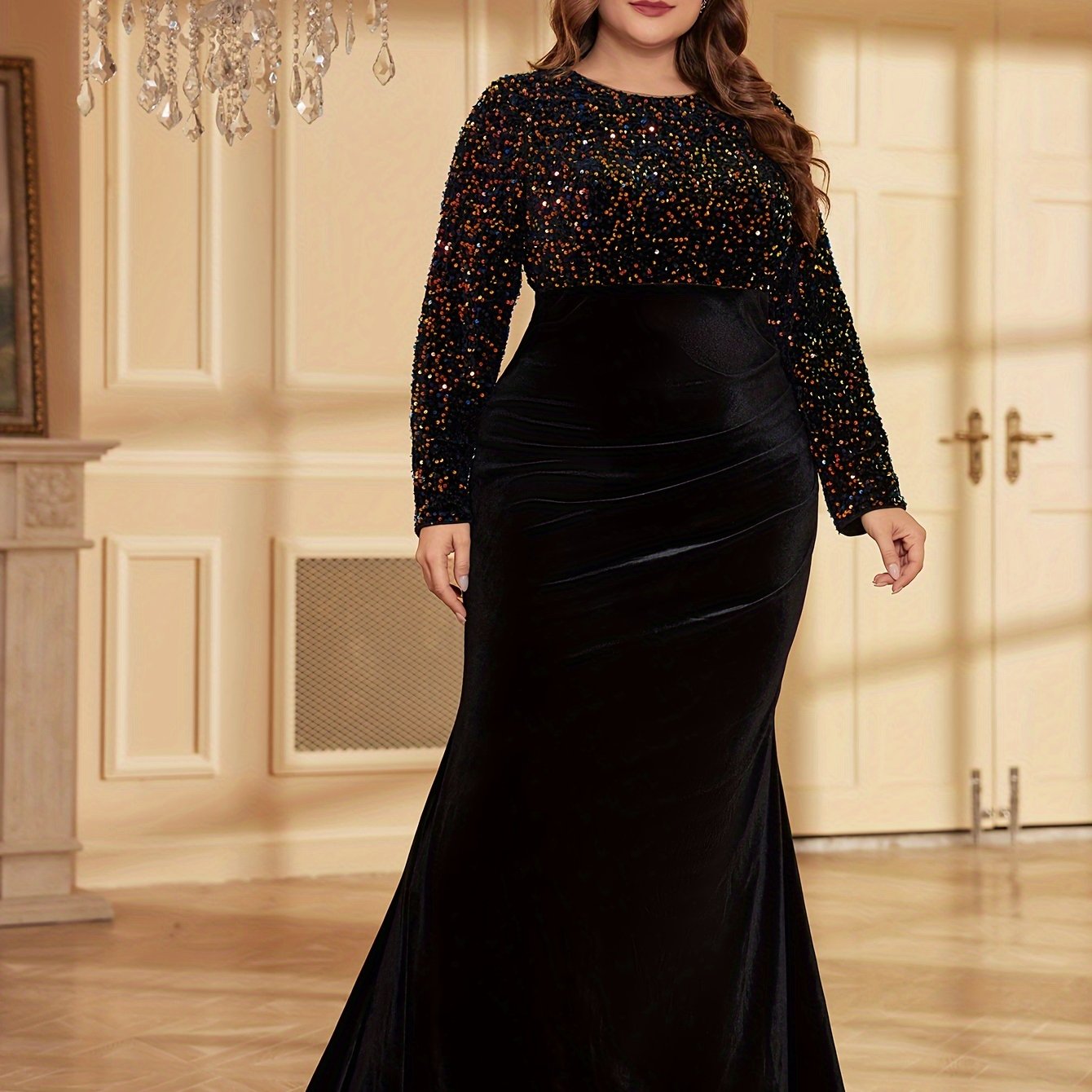 gbolsos Plus Size Elegant Bridesmaid Dress, Women's Plus Shiny Sequin Long Sleeve Round Neck Mermaid Hem Bodycon Party Dress