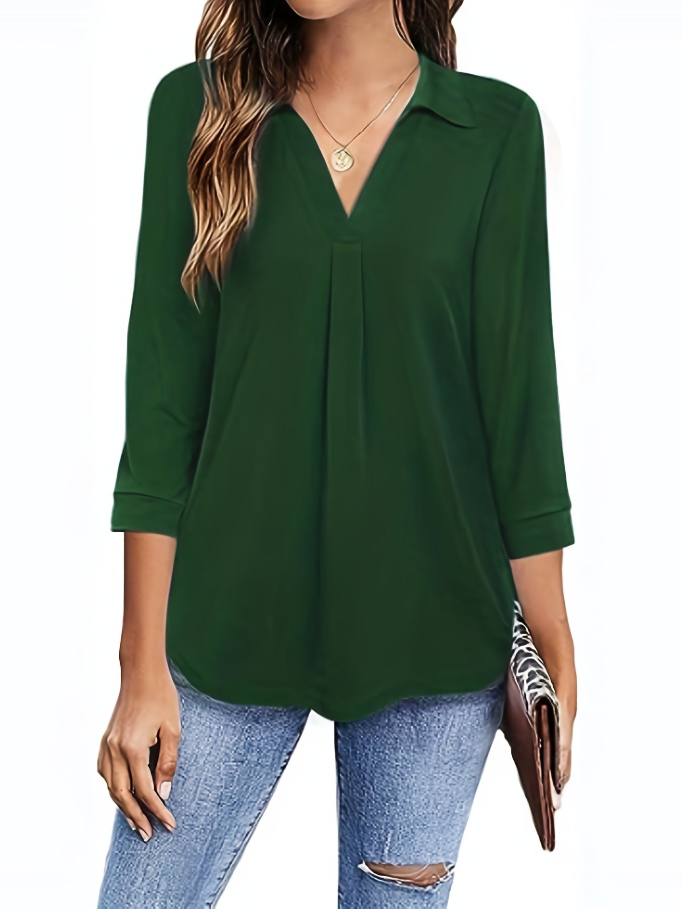gbolsos Plus Size Casual Blouse, Women's Plus Solid Half Sleeve Turn Down Collar Tunic Top