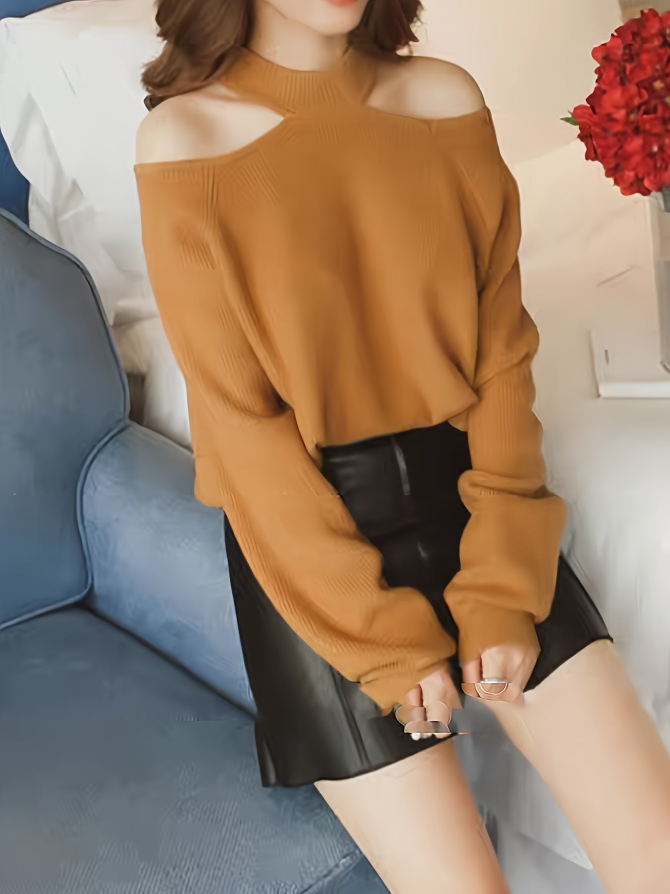 gbolsos Solid Mock Neck Pullover Sweater, Casual Cold Shoulder Long Sleeve Loose Sweater, Women's Clothing
