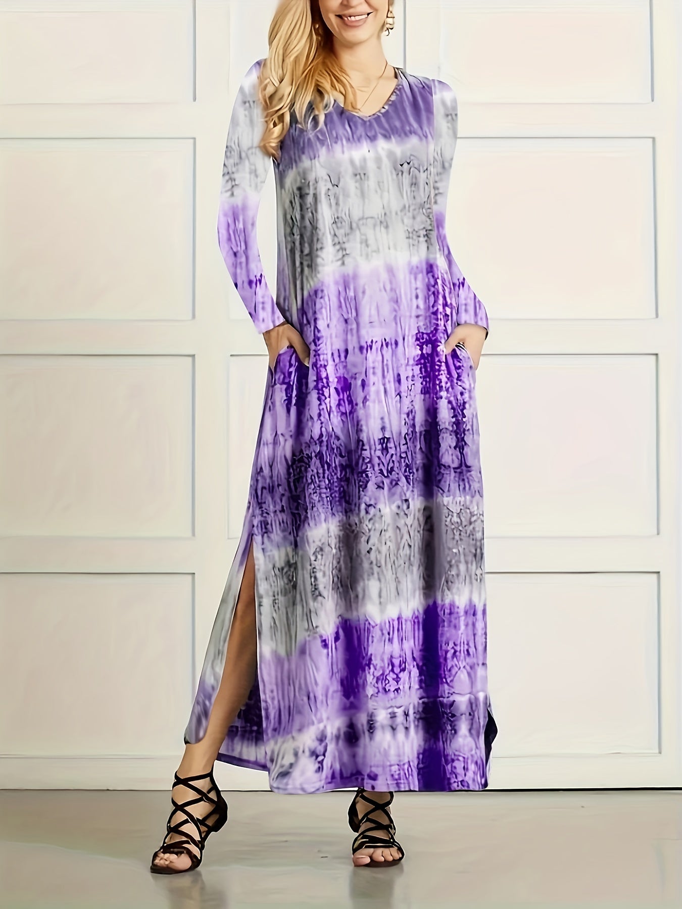 solvbao Plus Size Casual Dress, Women's Plus Tie Dye Long Sleeve V Neck Split Hem Maxi Dress With Pockets