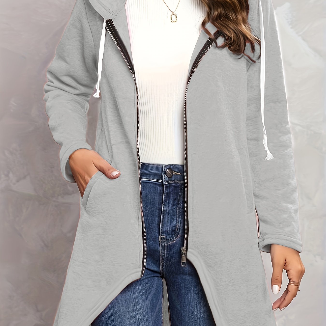 Solid Zip Up Long Sleeve Hoodie, Casual Long Sleeve Drawstring Hoodies Sweatshirt, Women's Clothing