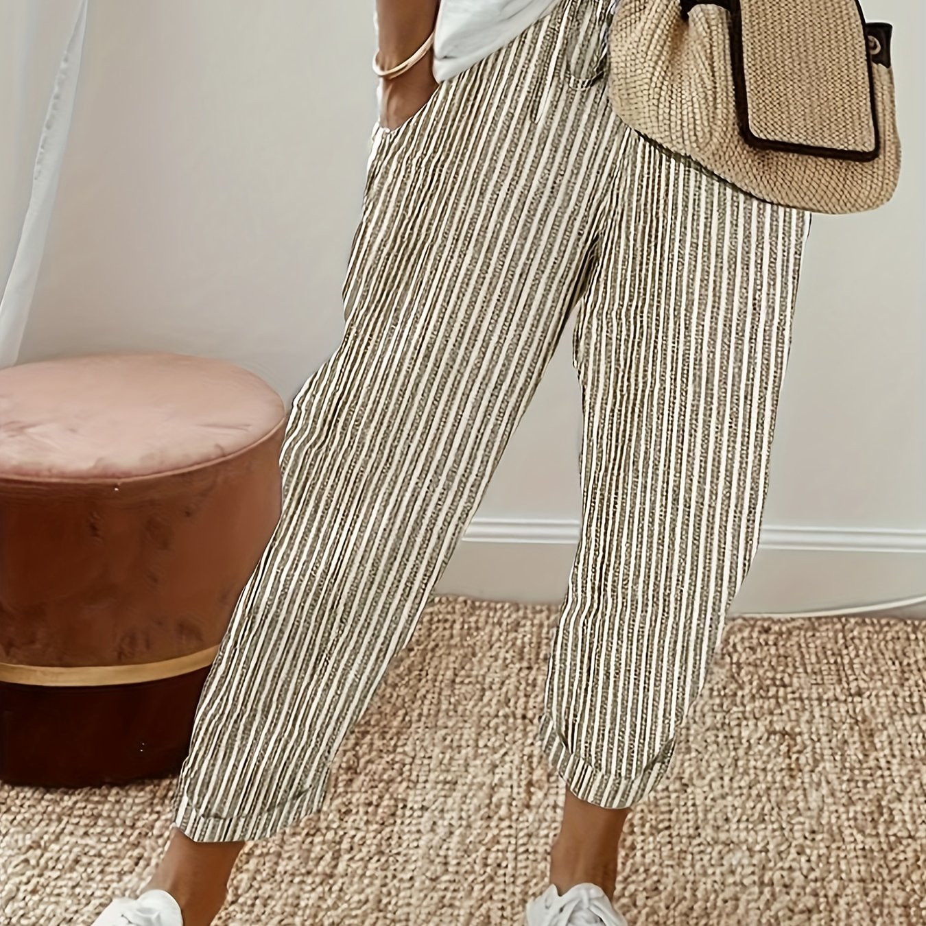 gbolsos Striped Slant Pocket Drawstring Pants, Casual Pants For Spring & Summer, Women's Clothing