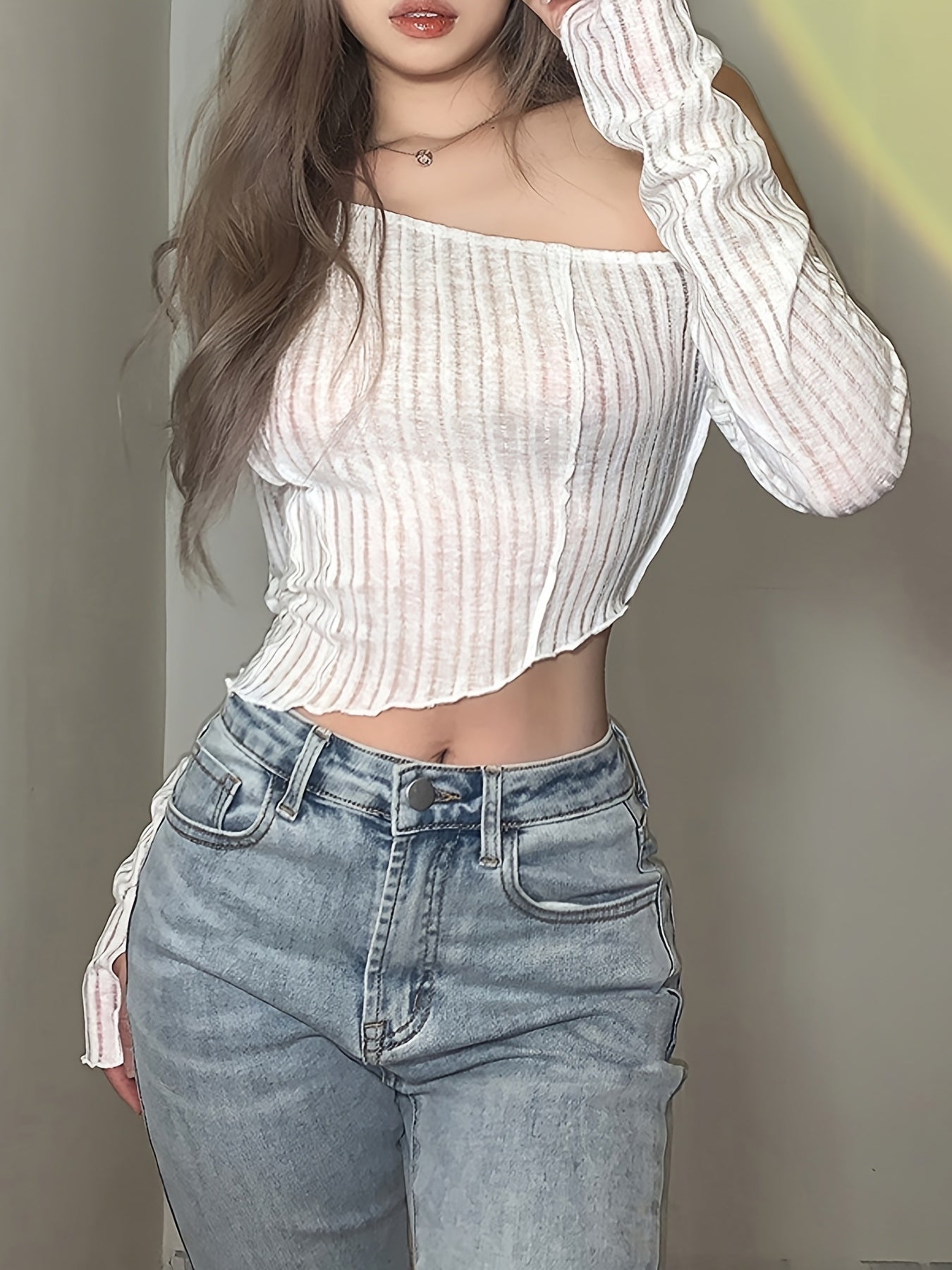 gbolsos Asymmetrical Slim T-shirt, Sexy Long Sleeve Ruched T-shirt, Women's Clothing