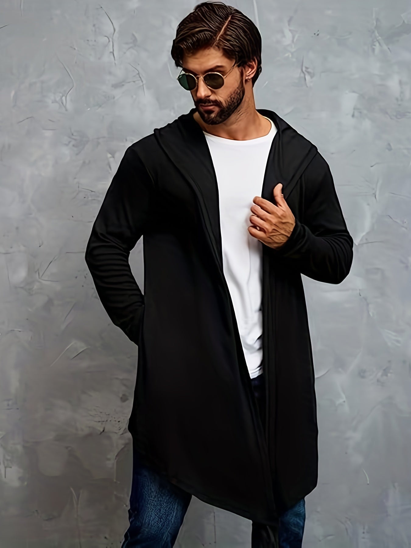 gbolsos Men's Hip Hop Hooded Cardigan With Solid Color, Casual Draped Long Sleeve Coat With Hooded Cloak & Asymmetrical Hem For Male, Plus Size