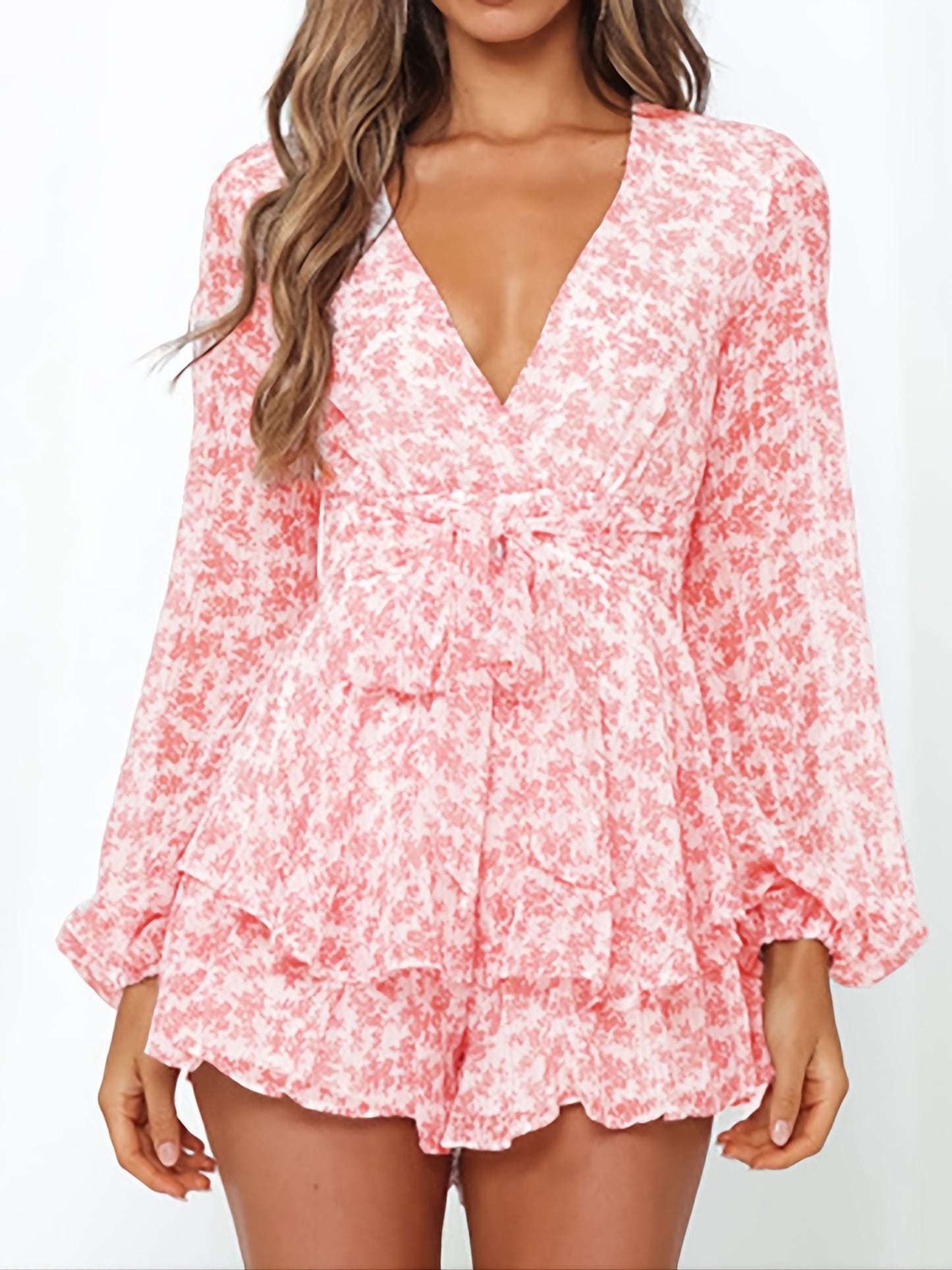 elveswallet Ladies Polka-dot V-neck Jumpsuits, Long Sleeve Ruffle Hem Romper Playsuit, Casual Every Day Romper, Women's Clothing