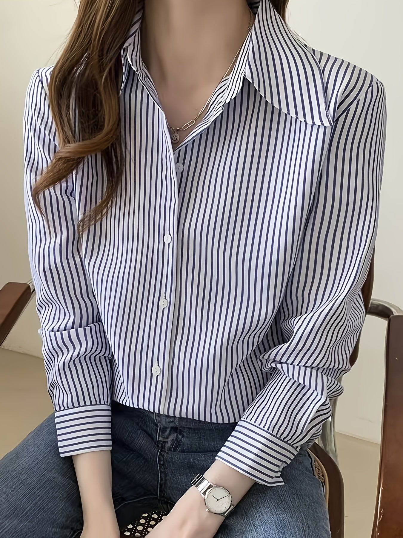 gbolsos Stripe Print Polo Collar Shirt, Casual Long Sleeve Shirt For Spring & Fall, Women's Clothing