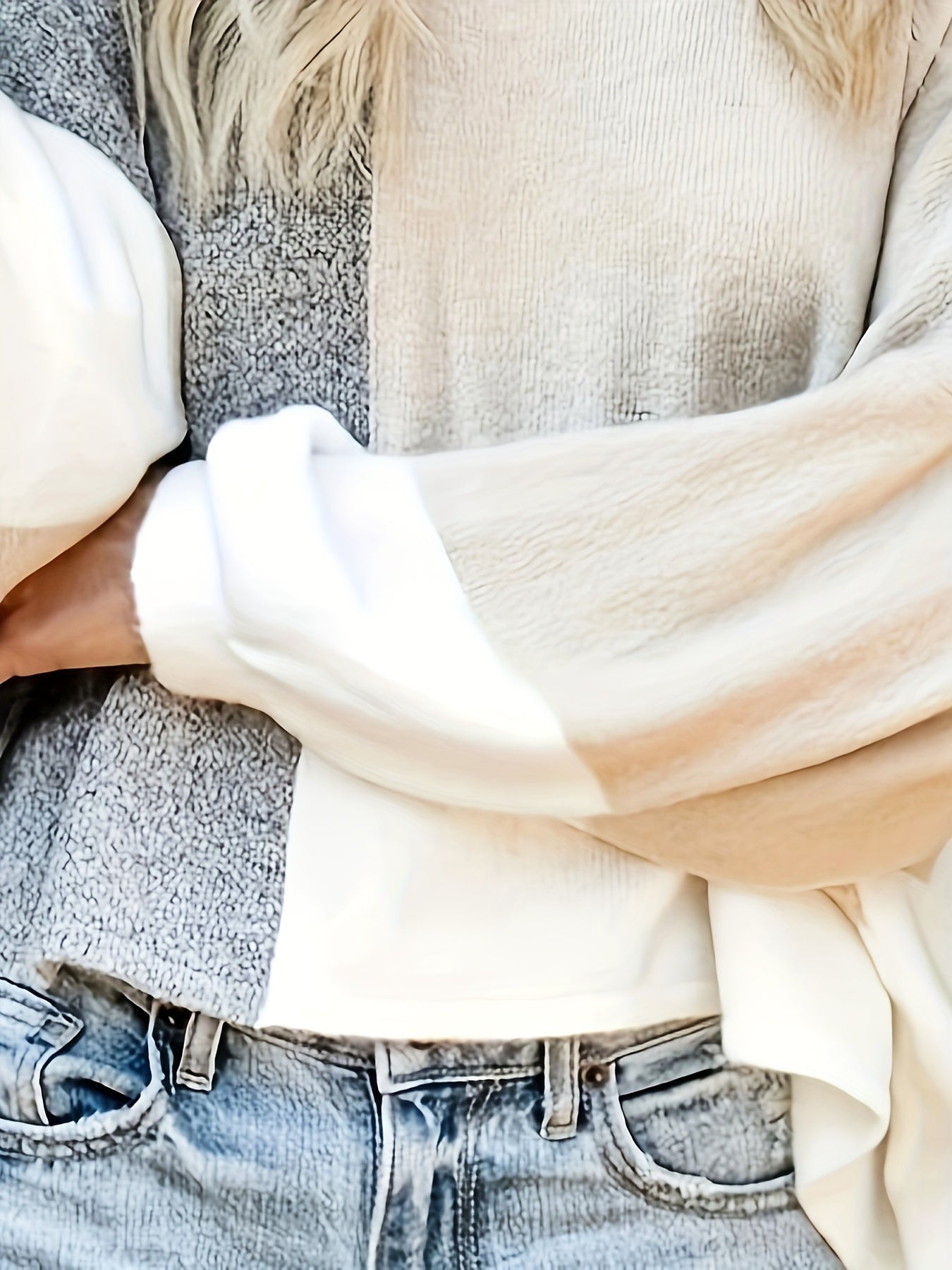 gbolsos Plus Size Casual Sweater, Women's Plus Colorblock Lantern Sleeve Crew Neck Slight Stretch Loose Pullover Jumper