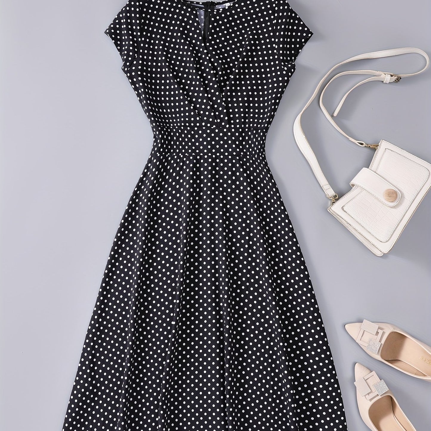 gbolsos Polka Dot Keyhole Dress, Casual Crew Neck Cap Sleeve Slim Waist Dress, Women's Clothing