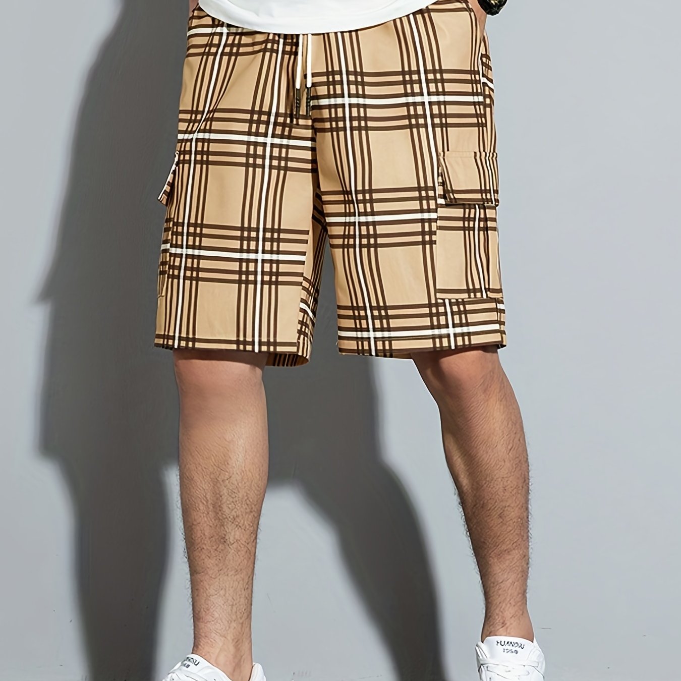 gbolsos Casual Plaid Side Pockets Drawstring Beach Shorts, Men's Cargo Shorts For Summer Outdoor