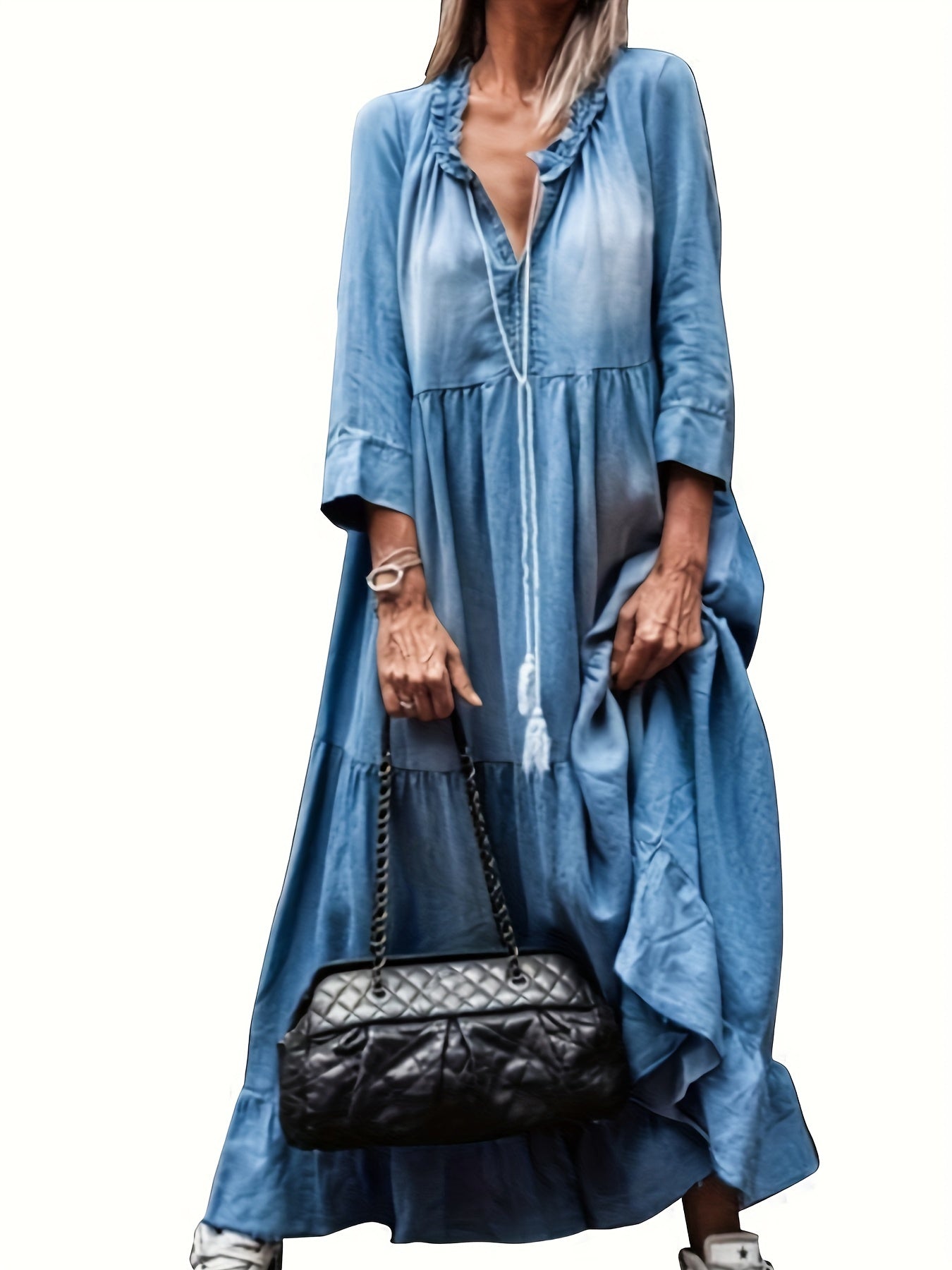gbolsos Blue Long Sleeves Denim Dress, Loose Fit Lettuce Trim V Neck Ruffle Denim Dress, Women's Denim Clothing