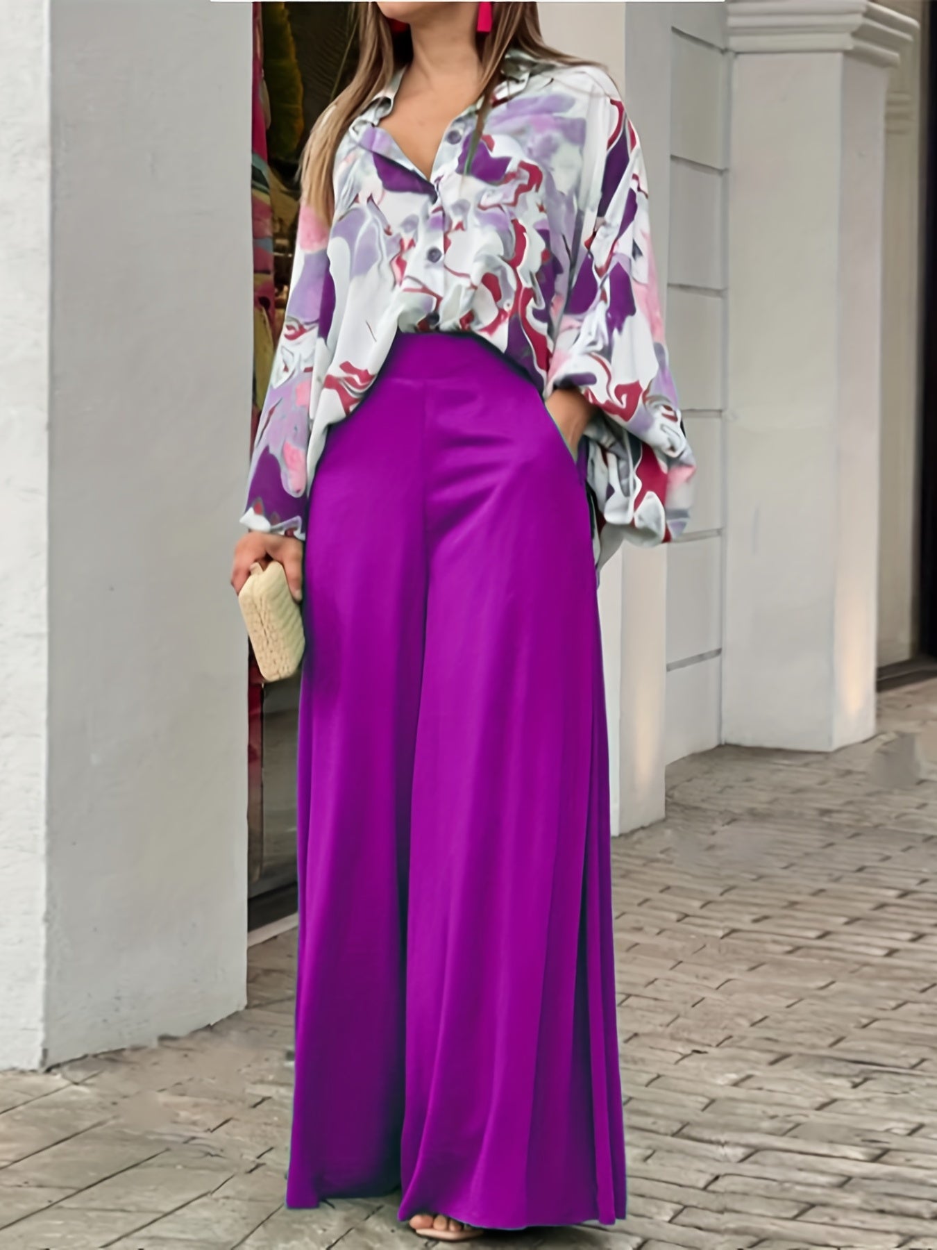 gbolsos Batwing Sleeve Tie Dye Blouse & High Waist Solid Pantsuits