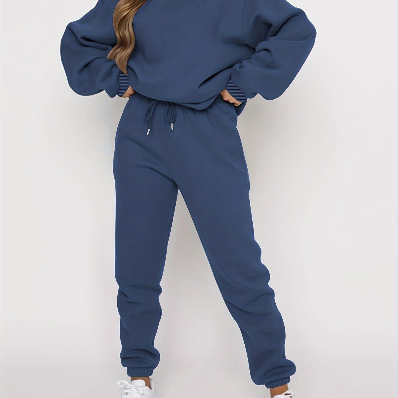 gbolsos Solid Casual Two-piece Set, Crew Neck Long Sleeve Tops & Drawstring Jogger Pants Oufits, Women's Clothing
