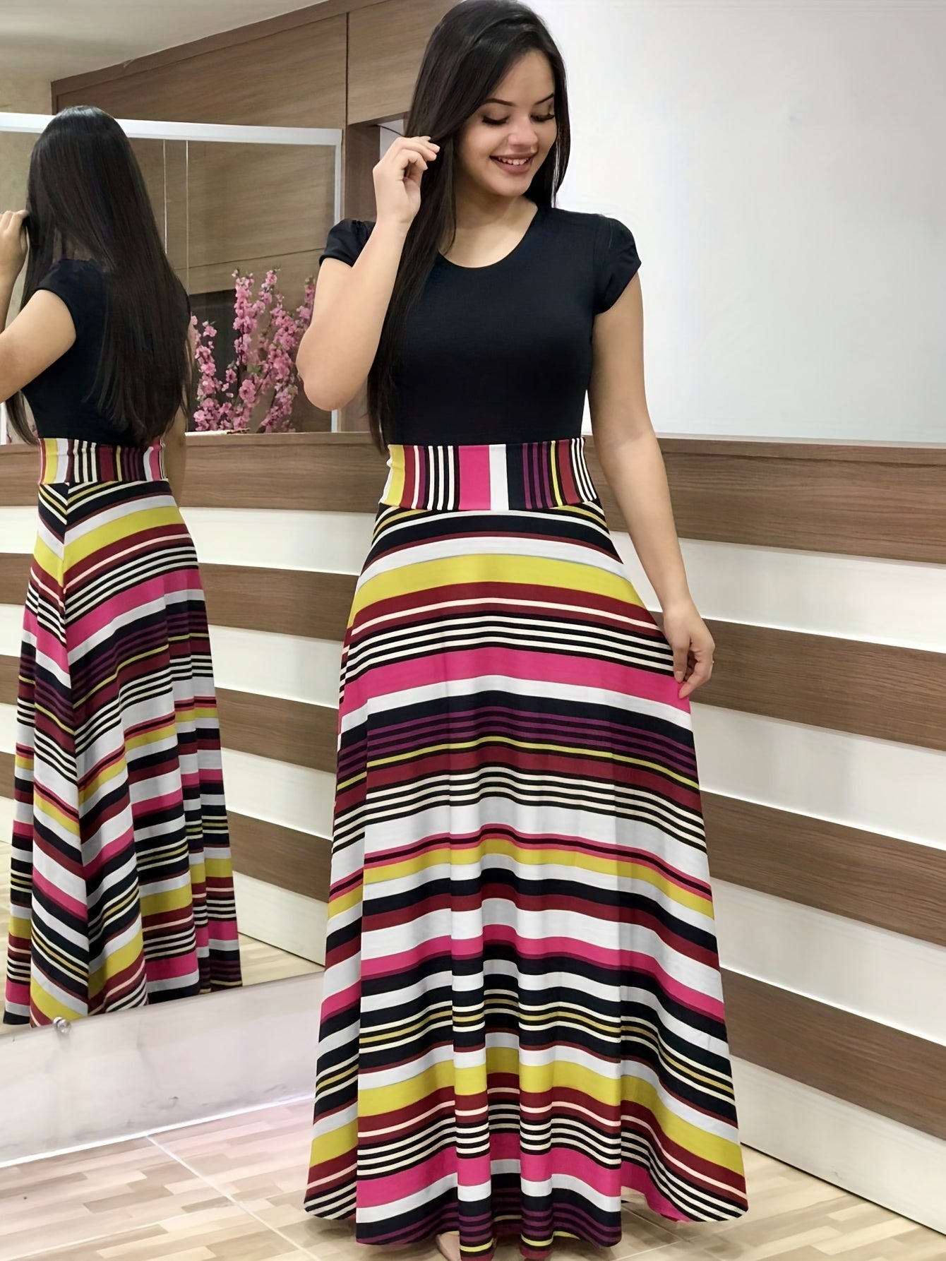 gbolsos Floral Print Splicing Dress, Elegant Crew Neck Short Sleeve Pleated Maxi Dress, Women's Clothing