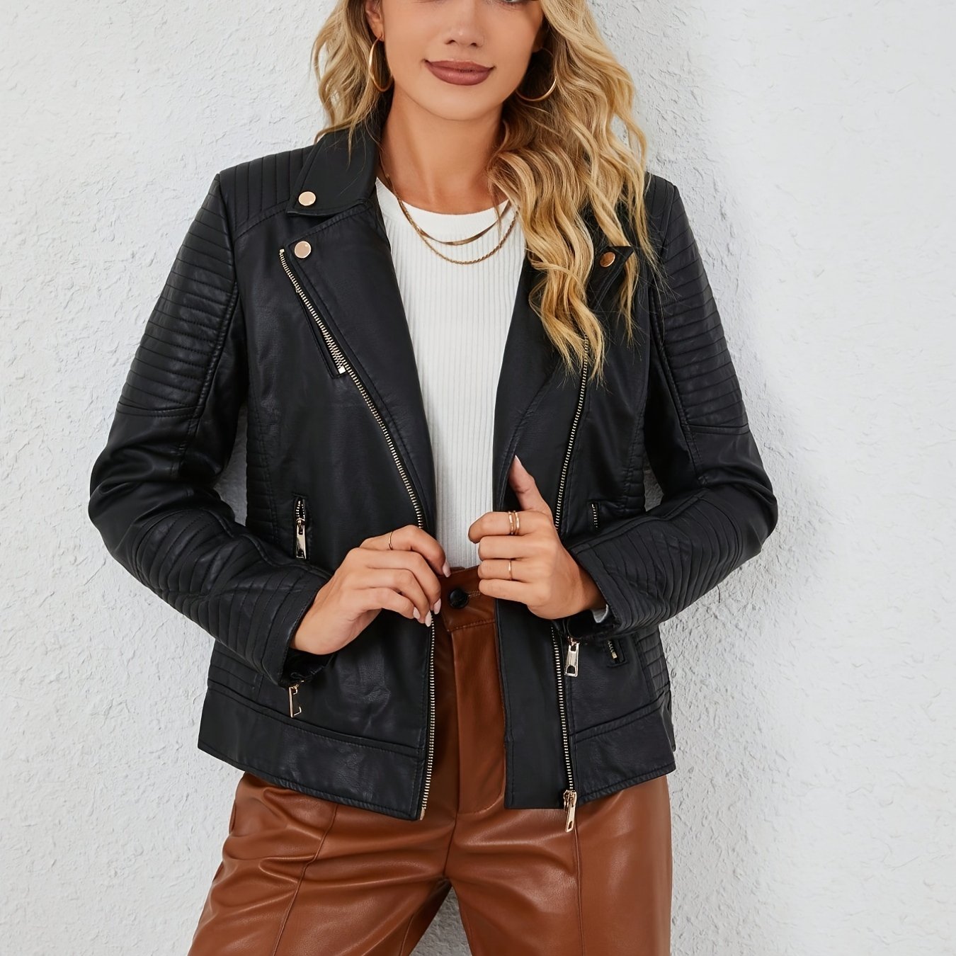 gbolsos PU Leather Print Biker Jacket, Street Wear Zipper Solid Long Sleeve Outerwear, Women's Clothing