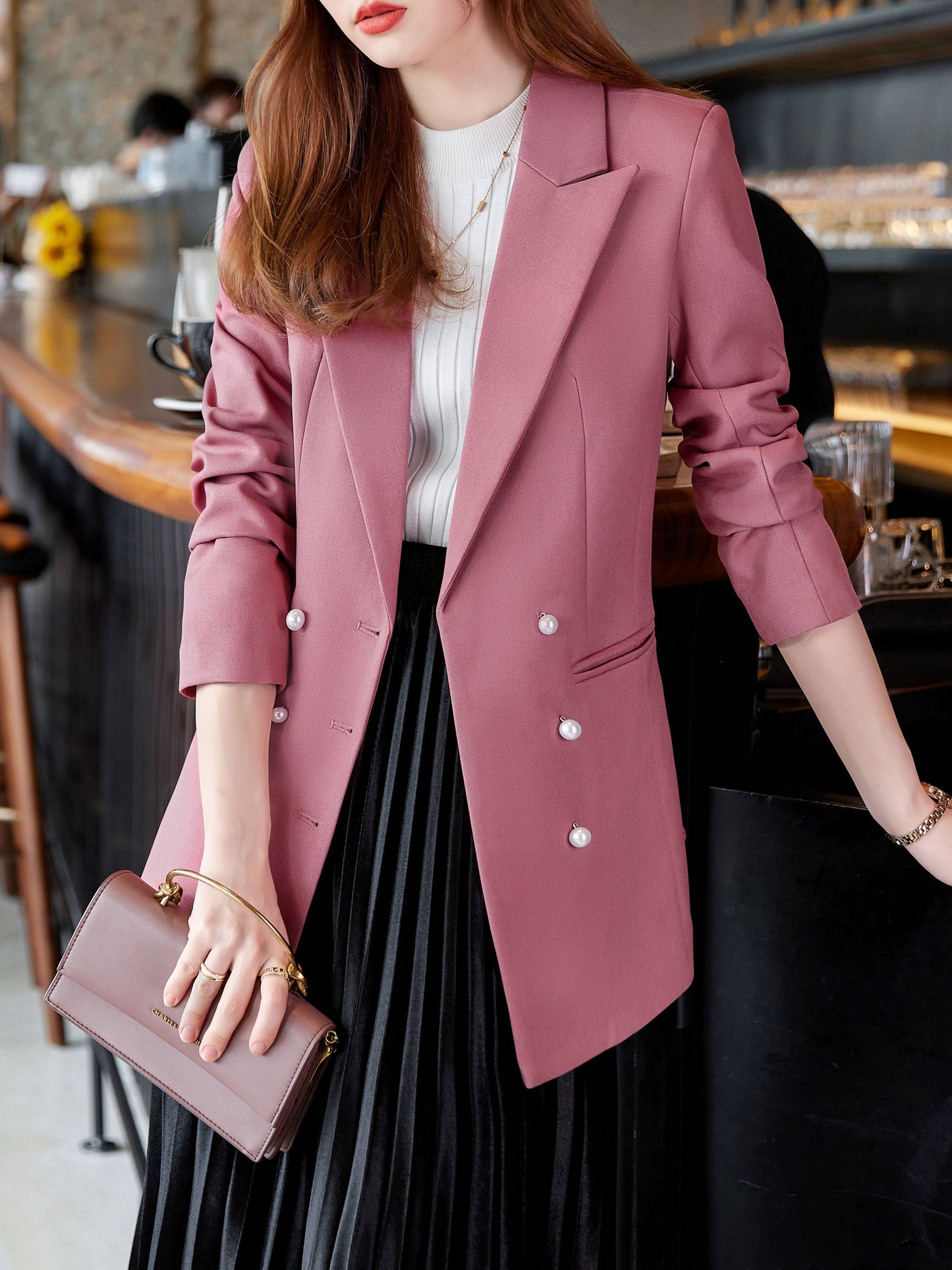 gbolsos Solid Lapel Beaded Button Blazer, Casual Long Sleeve Blazer For Office, Women's Clothing