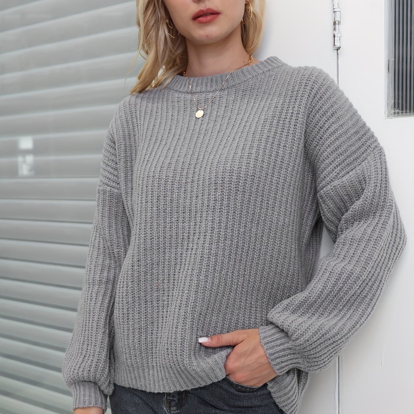 gbolsos Solid Versatile Knit Pullover Sweater, Casual Crew Neck Drop Shoulder Long Sleeve Sweater, Women's Clothing