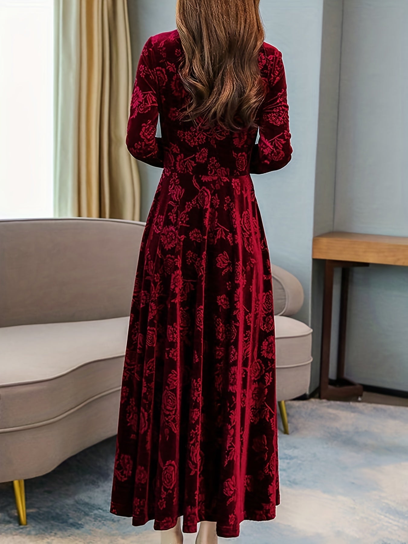 gbolsos Floral Pattern Maxi Dress, Elegant V Neck Long Sleeve Dress, Women's Clothing