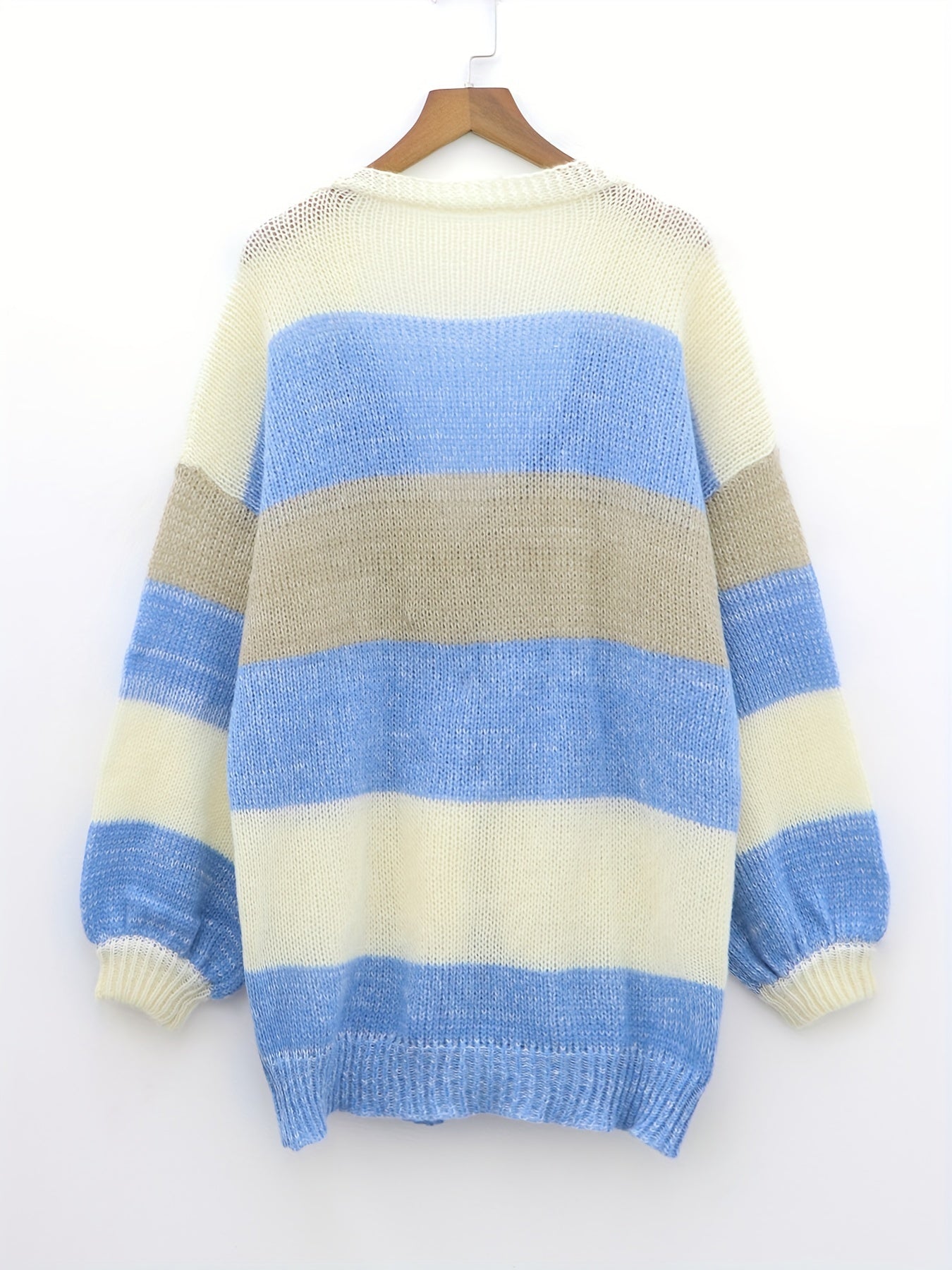 gbolsos Plus Size Casual Cardigan, Women's Plus Stripe Print Long Sleeve Open Front Sweater Cardigan