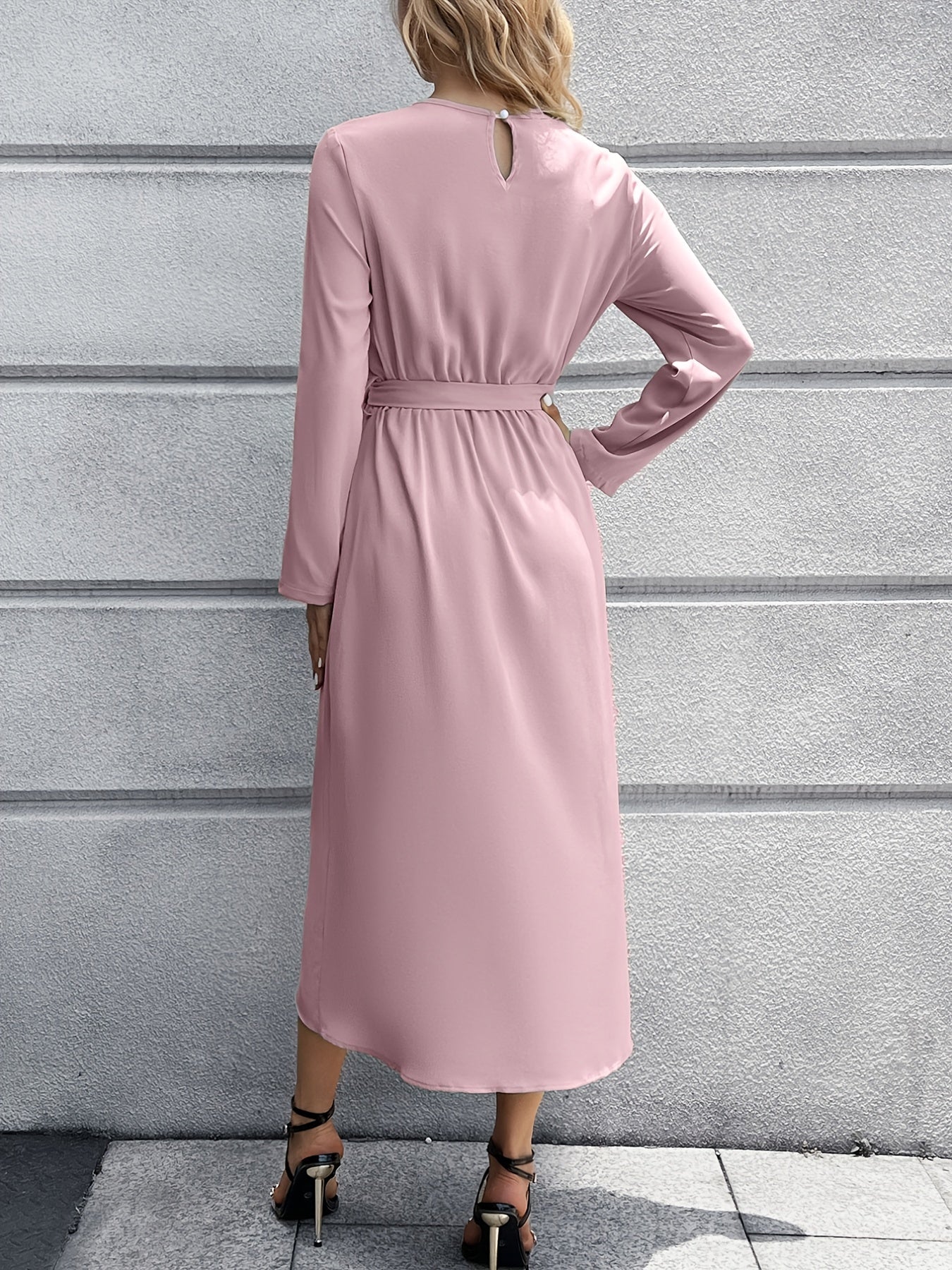 Elegant Solid Tie Front Dress, Crew Neck Long Sleeve Dress, Casual Every Day Dress, Women's Clothing