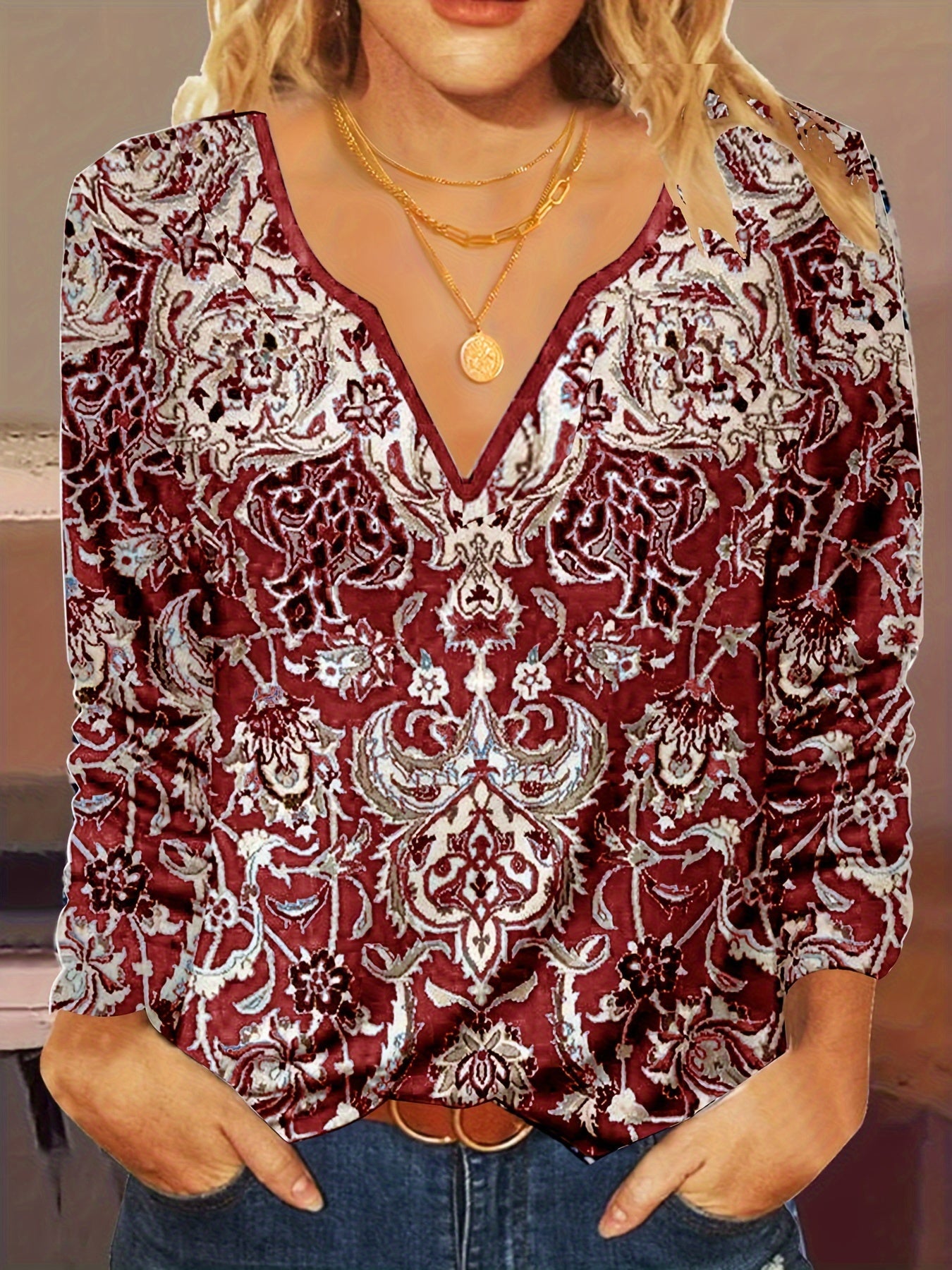 Plus Size Boho Top, Women's Plus Arabesque Print Long Sleeve Notched Neck Tunic Top