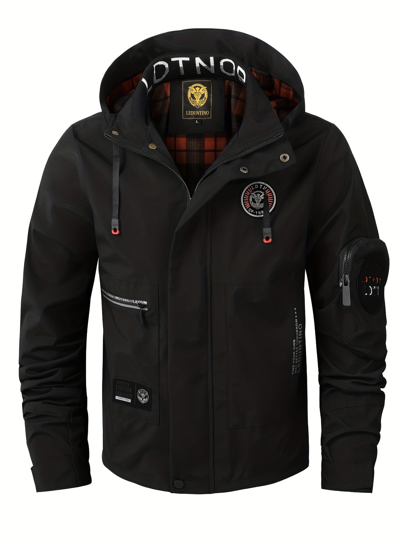 gbolsos Waterproof Windbreaker Hooded Jacket With Plaid Lining, Men's Casual Solid Color Zip Up Jacket For Spring Fall Outdoor