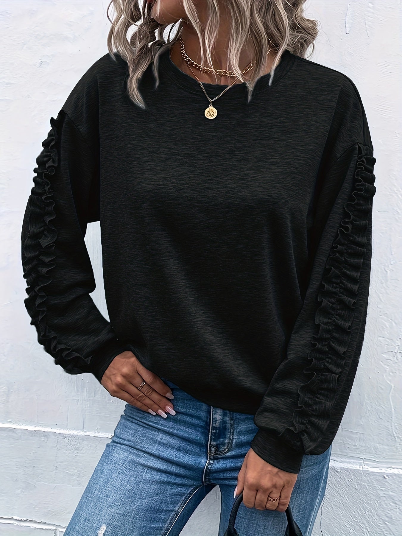 gbolsos Solid Crew Neck Pleated Sweatshirt, Casual Long Sleeve Sweatshirt, Women's Clothing