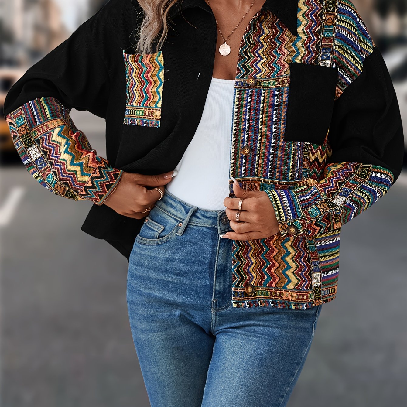 Patchwork Print Patched Pockets Jacket, Ethnic Color Block Single Button Jacket, Women's Clothing