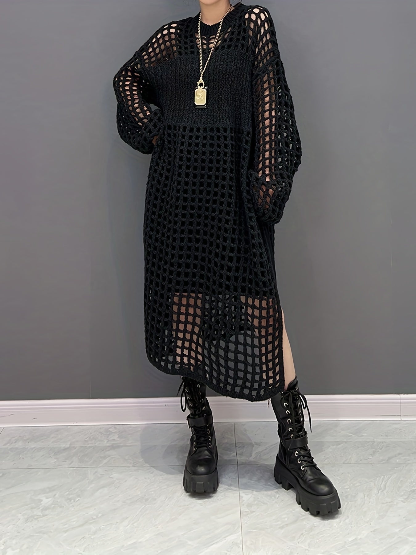 Crochet Split Thigh Dress, Casual Solid Long Sleeve Maxi Dress, Women's Clothing