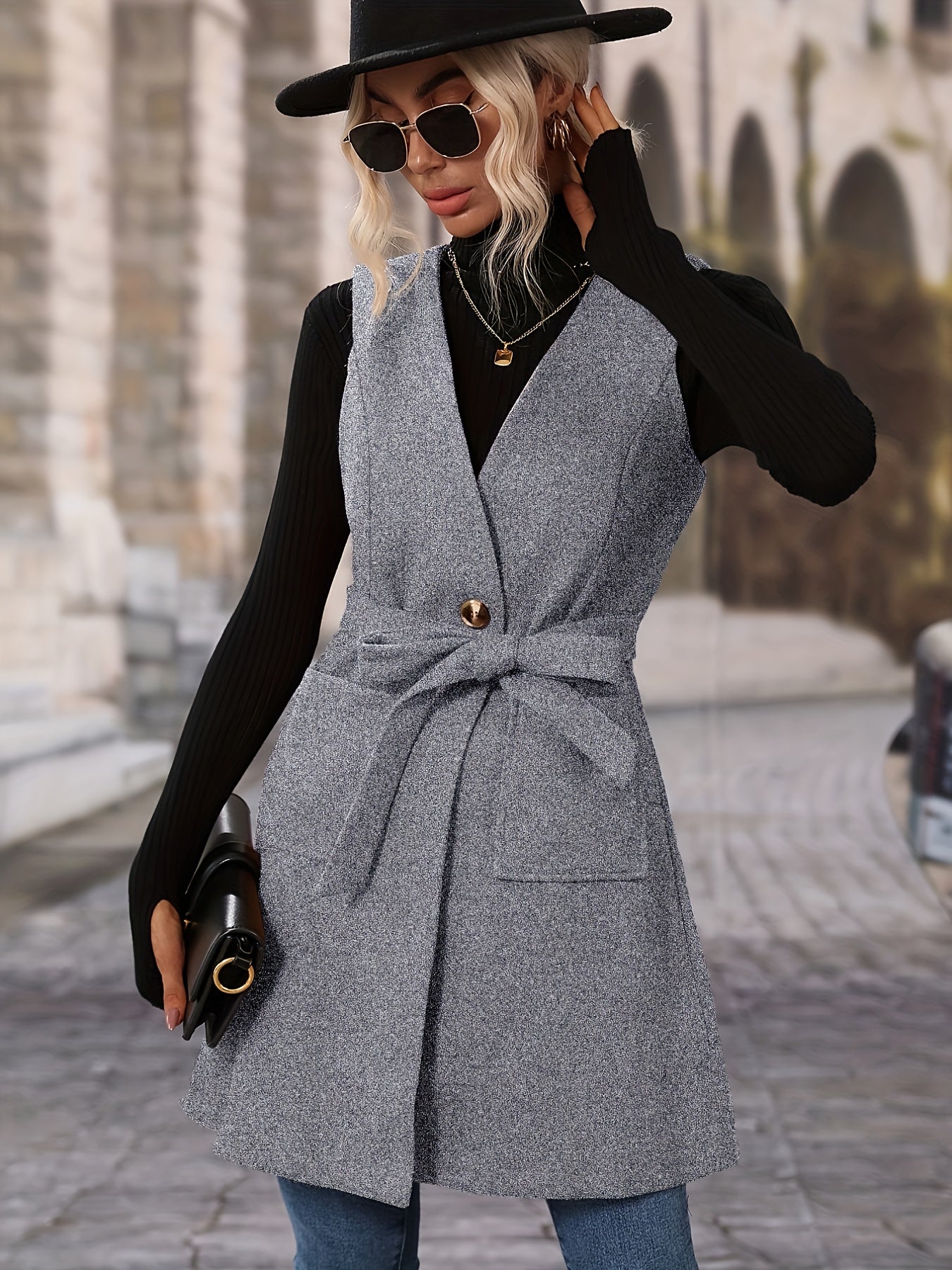 gbolsos Sleeveless Button Front Jacket, Casual V Neck Solid Outerwear With Pockets, Women's Clothing