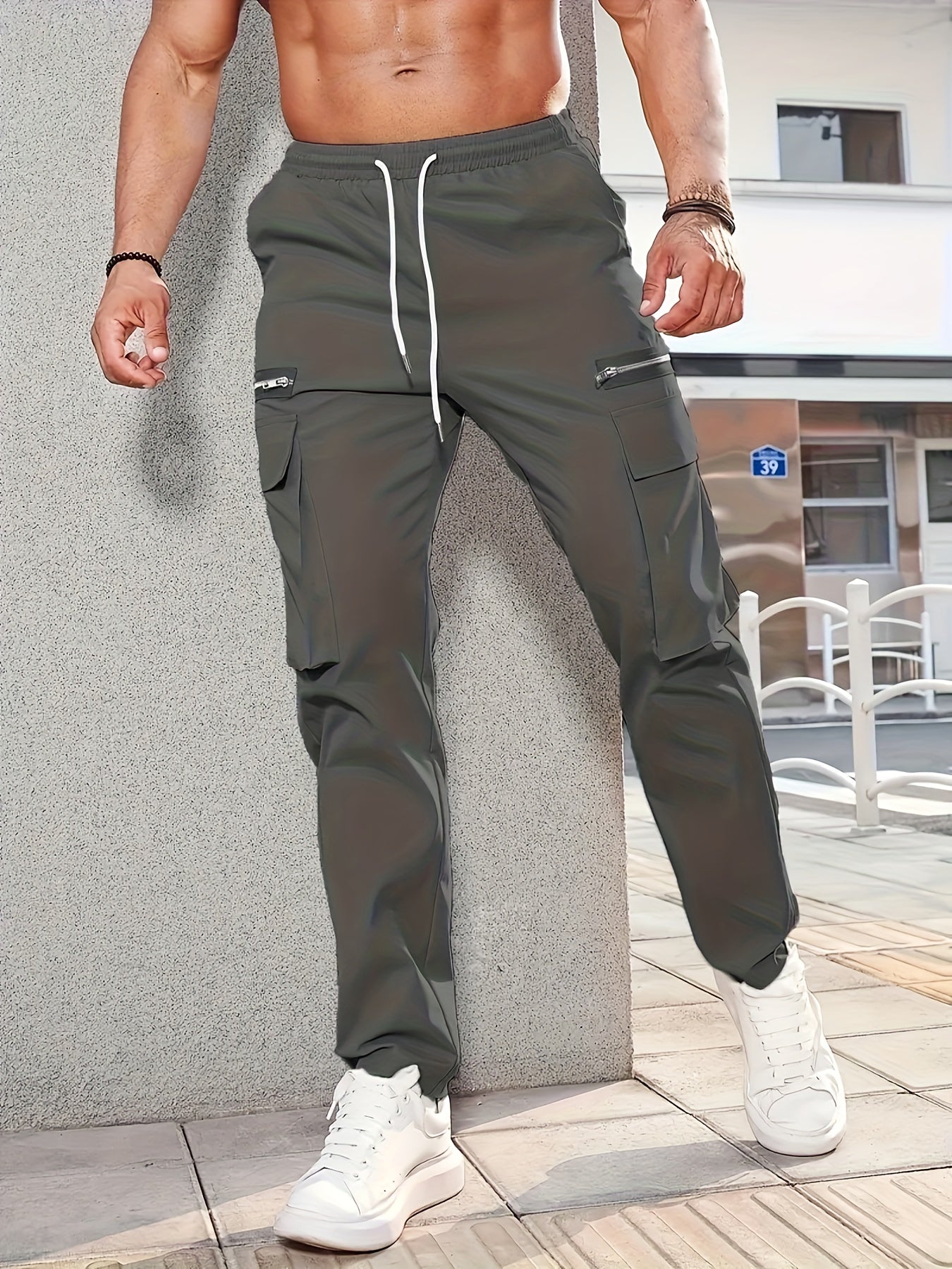 gbolsos Men's Trendy Solid Tactical Pants, Casual Multi Pockets Trousers For Outdoor
