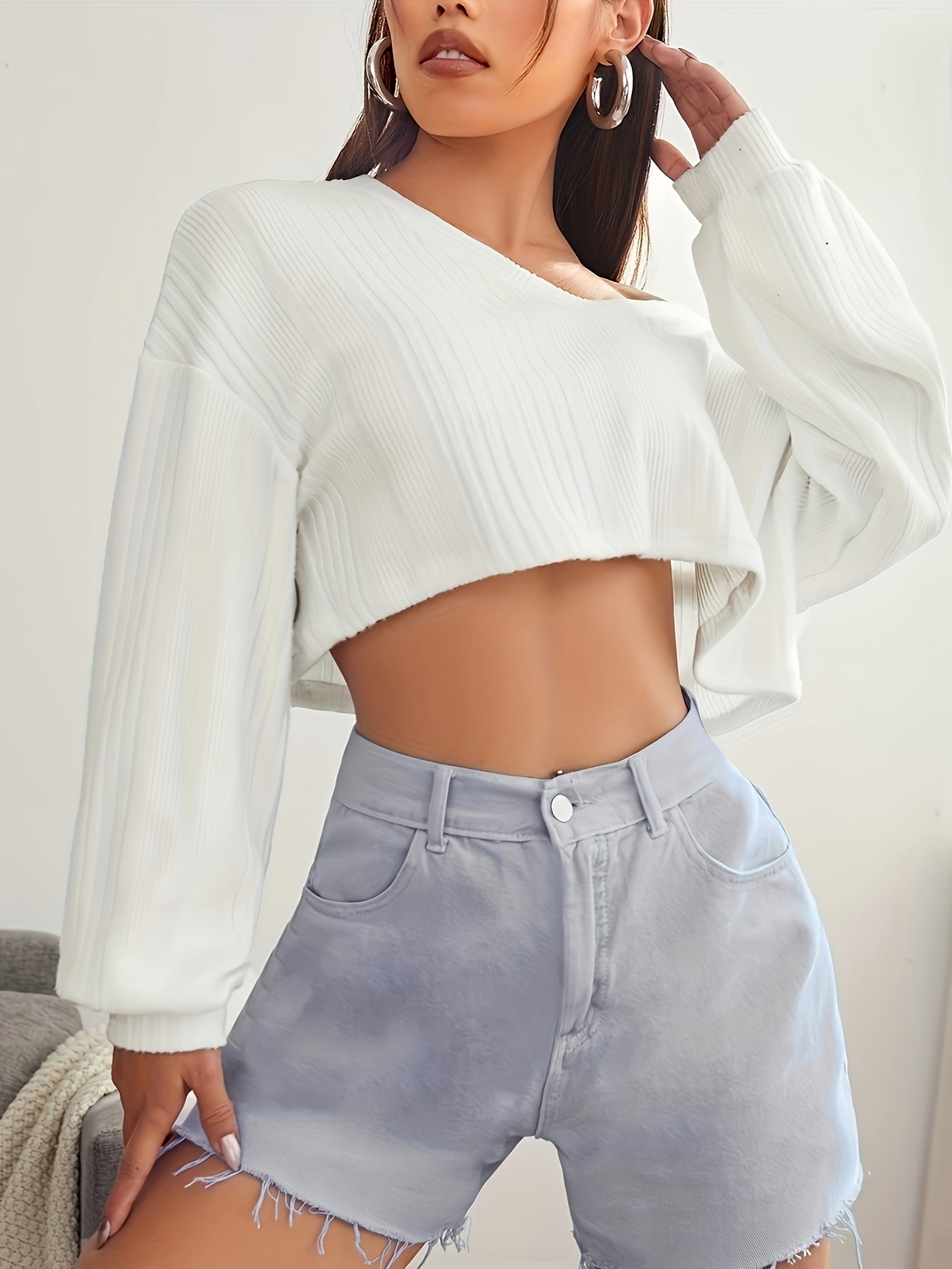 gbolsos Long Sleeve Ribbed Crop Top, Y2K Solid Top, Women's Clothing