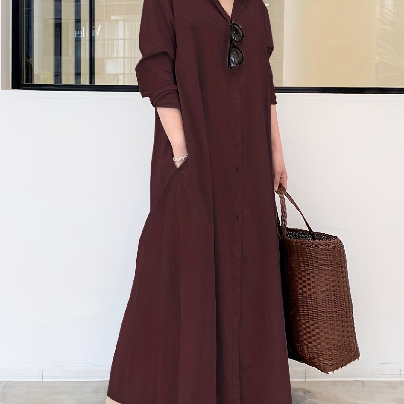 gbolsos Button Front Kaftan Dress, Casual Solid Long Sleeve Maxi Dress, Women's Clothing