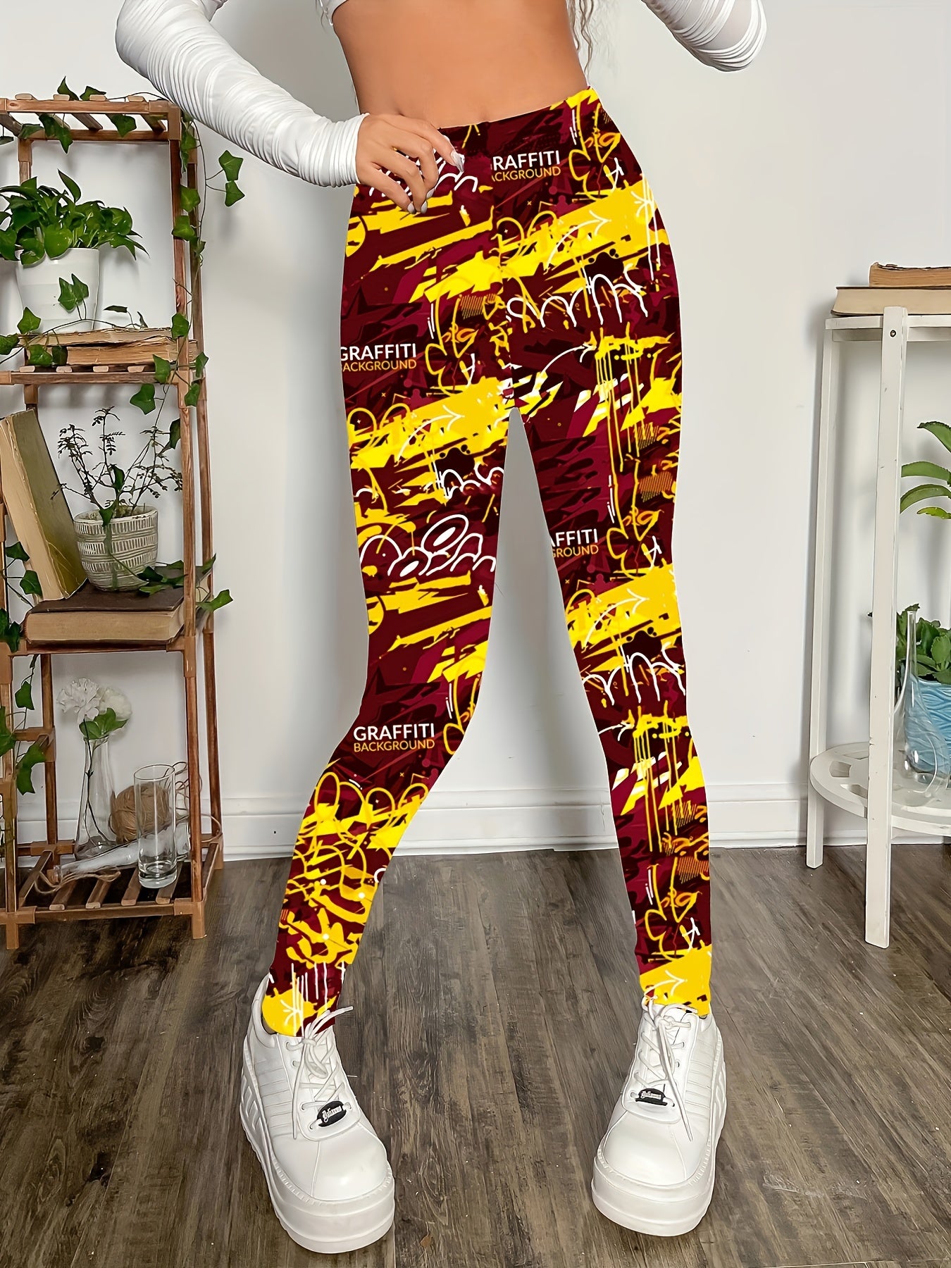 gbolsosGraffiti Print Skinny Leggings, Casual Every Day Stretchy Leggings, Women's Clothing