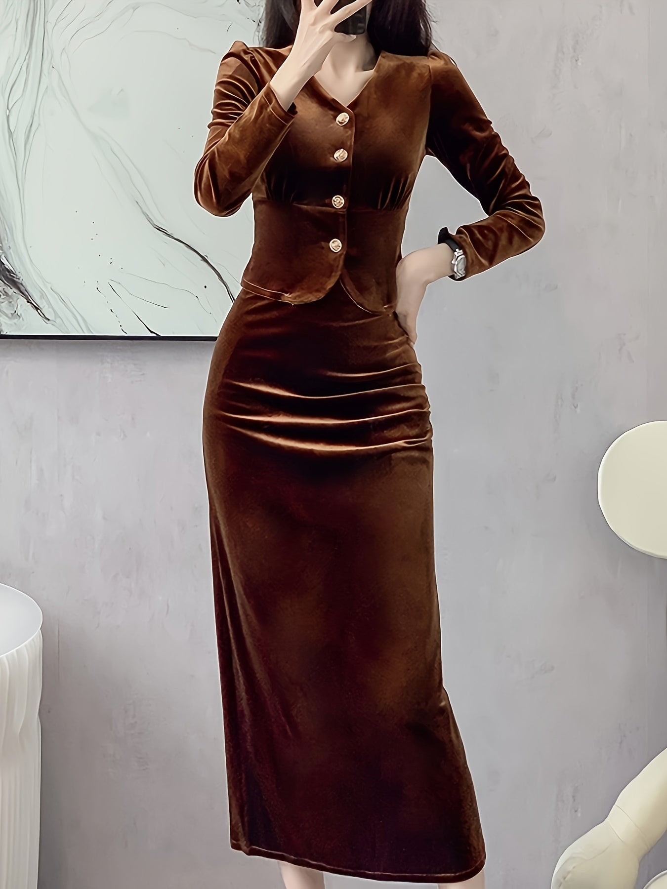 Solid Bodycon Two-piece Set, Button Front Long Sleeve Tops & High Waist Midi Skirts Outfits, Women's Clothing