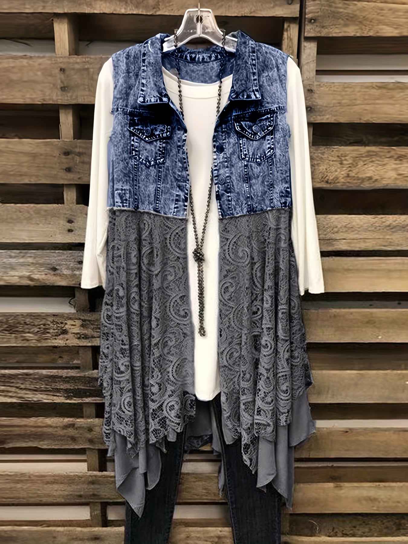 Lace High Low Trim Denim Vest Dress, Flap Pockets Raw Hem Lady Distressed Vest Dress, Women's Denim & Clothing