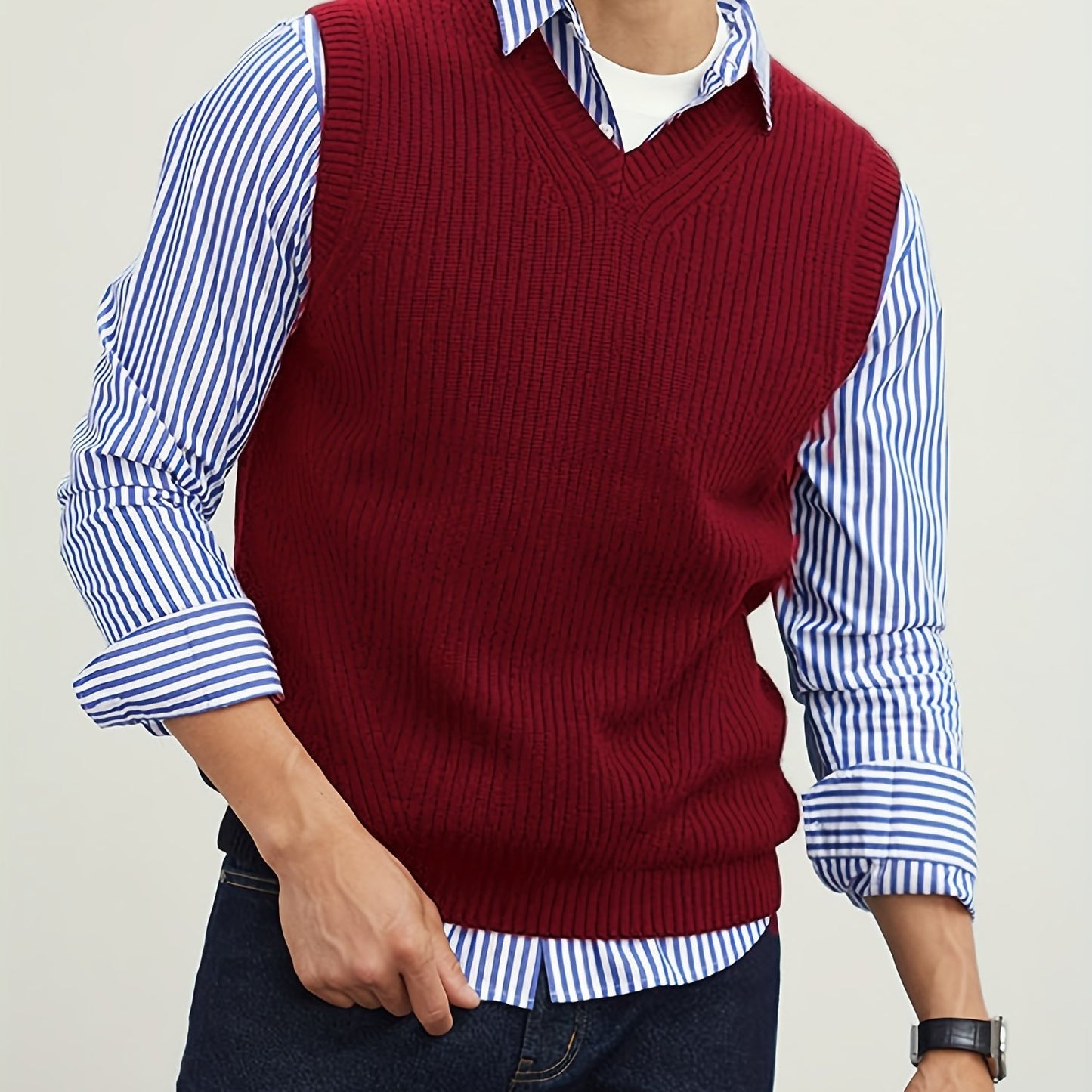 gbolsos Men's V Neck Sweater Vest, Pullover Solid Color Sleeveless Sweaters Vest, Preppy Style
