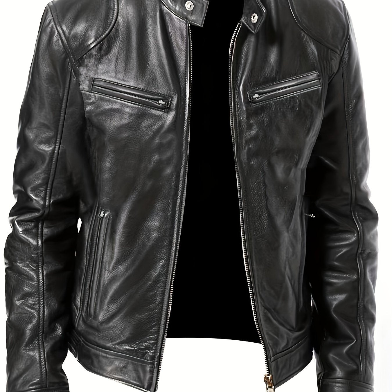 gbolsos Zipper Pockets PU Jacket, Men's Casual Solid Color Zip Up Stand Collar Faux Leather Jacket For Spring Fall