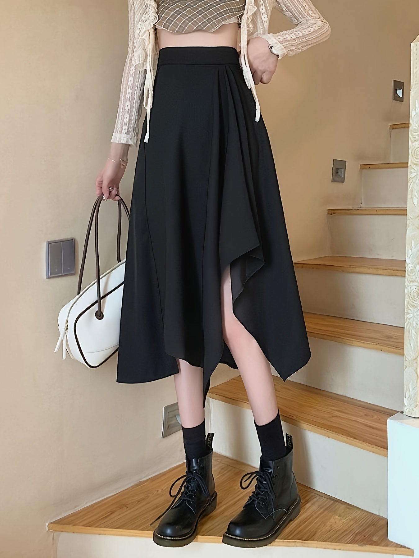 gbolsos Solid High Waist Draped Skirt, Casual Asymmetrical Hem Flared Midi Skirt, Women's Clothing
