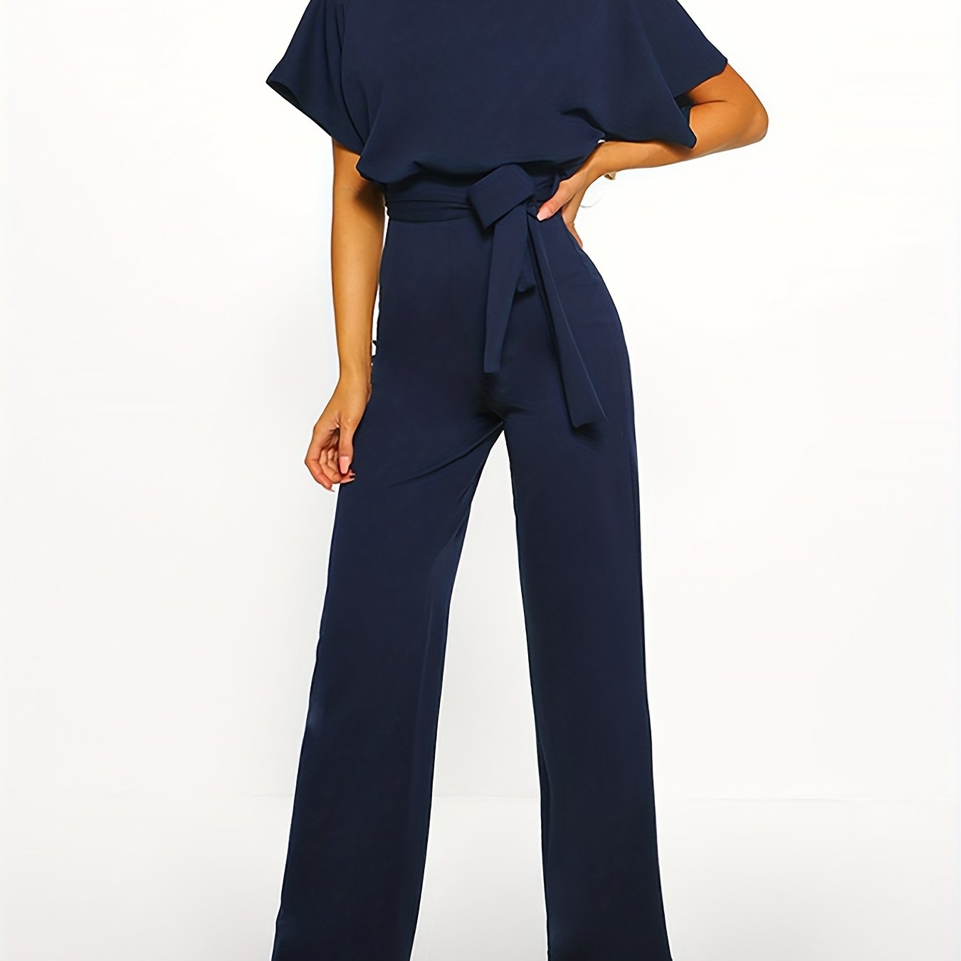 kkboxly Batwing Sleeve Belted Jumpsuit, Solid Casual Jumpsuit, Women's Clothing