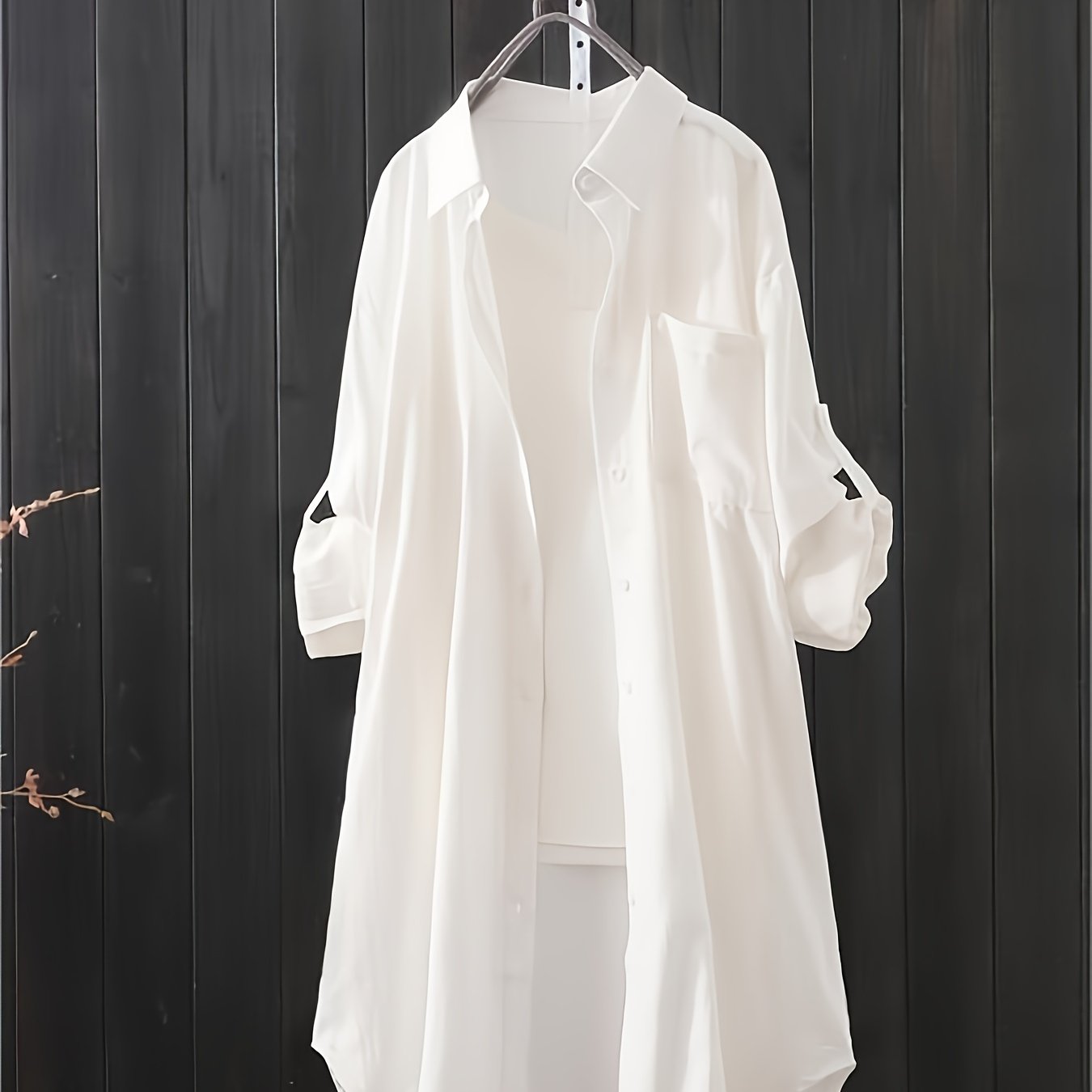 gbolsos Solid Button Down Shirt, Casual Lapel Long Sleeve Curved Hem Shirt, Women's Clothing