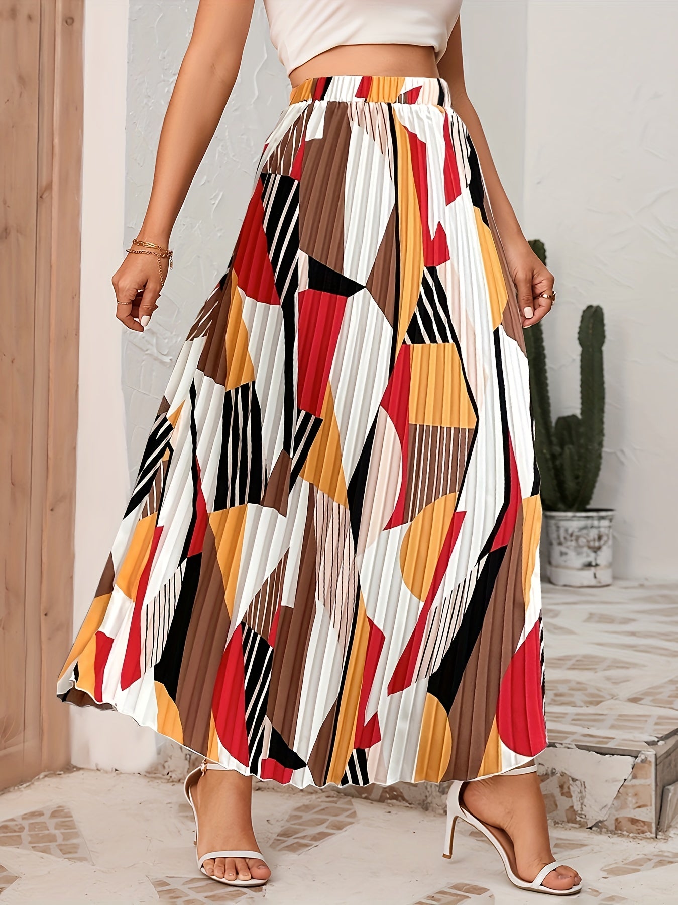 Geo Print Pleated Skirts, Casual High Waist Maxi Skirts, Women's Clothing