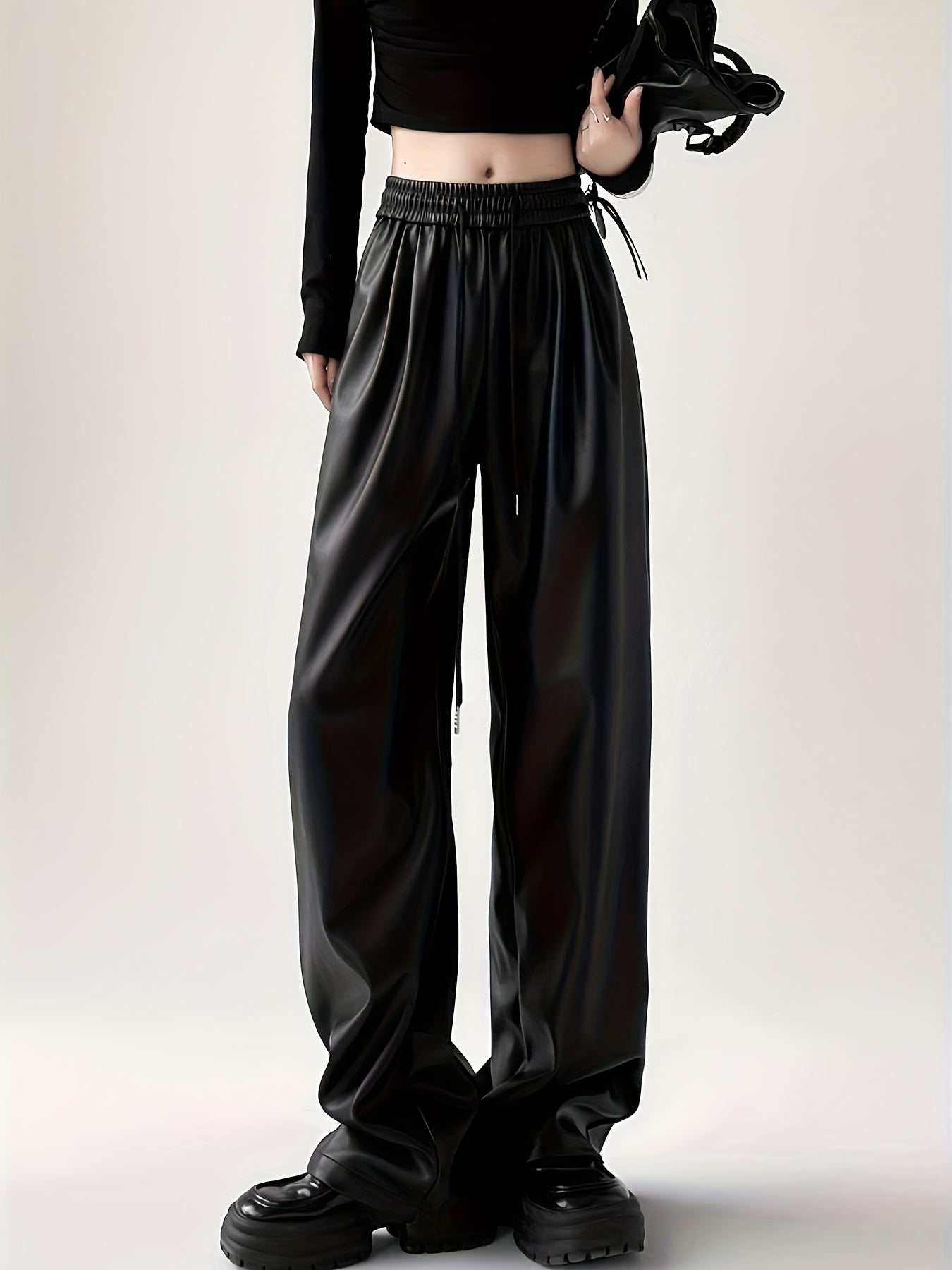 gbolsos Plain Black Coated Glossy Denim Pants, Drawstring Loose Fit Punk Street Style Medium Stretch Jeans, Women's Denim Jeans & Clothing