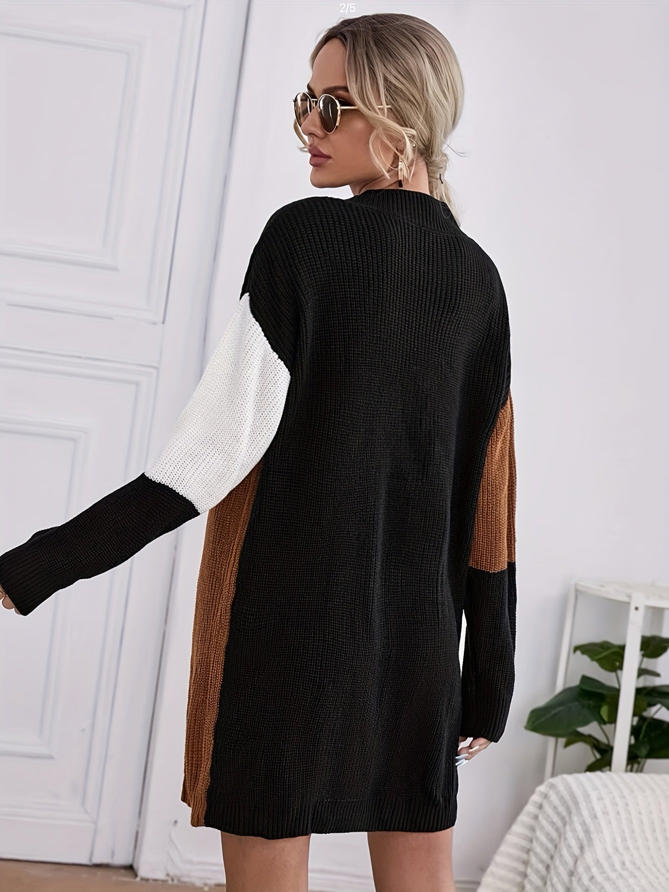 Color Block Sweater Dress, Casual Crew Neck Long Sleeve Dress, Women's Clothing