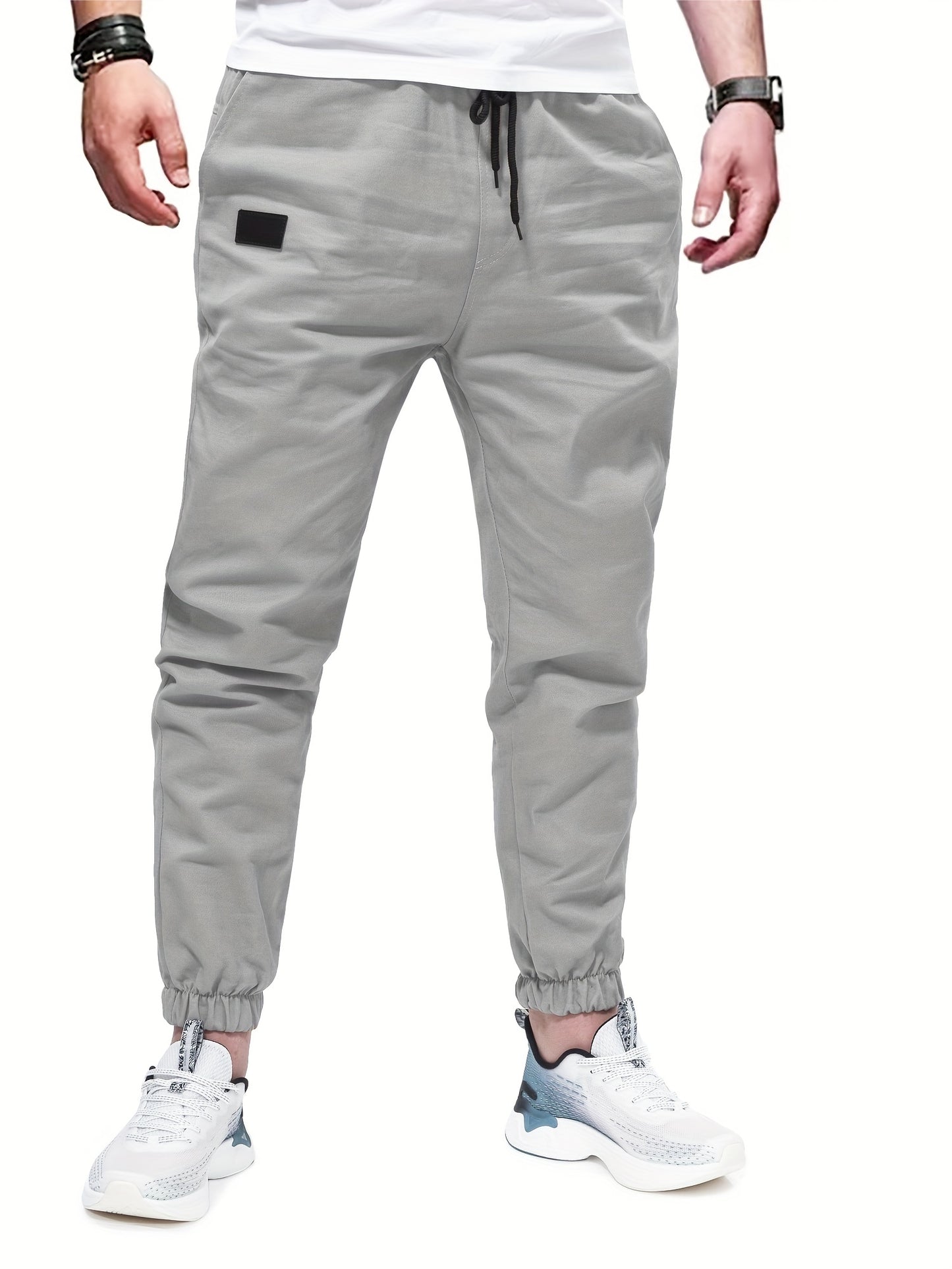 gbolsos Woven Cotton Blend Joggers, Men's Casual Solid Color Slightly Stretch Drawstring Pants For Spring Summer