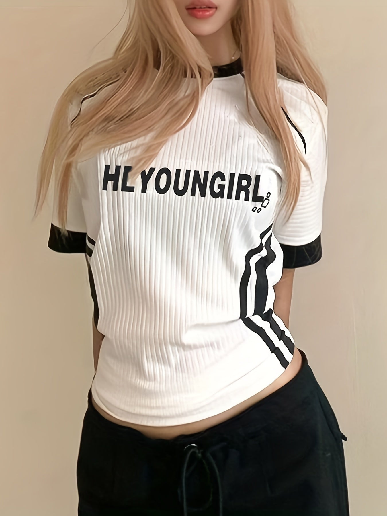 gbolsos Street Letter Printing Casual T-shirt, Fashion Contrast Color Striped Short Sleeves, Women's Summer Tops