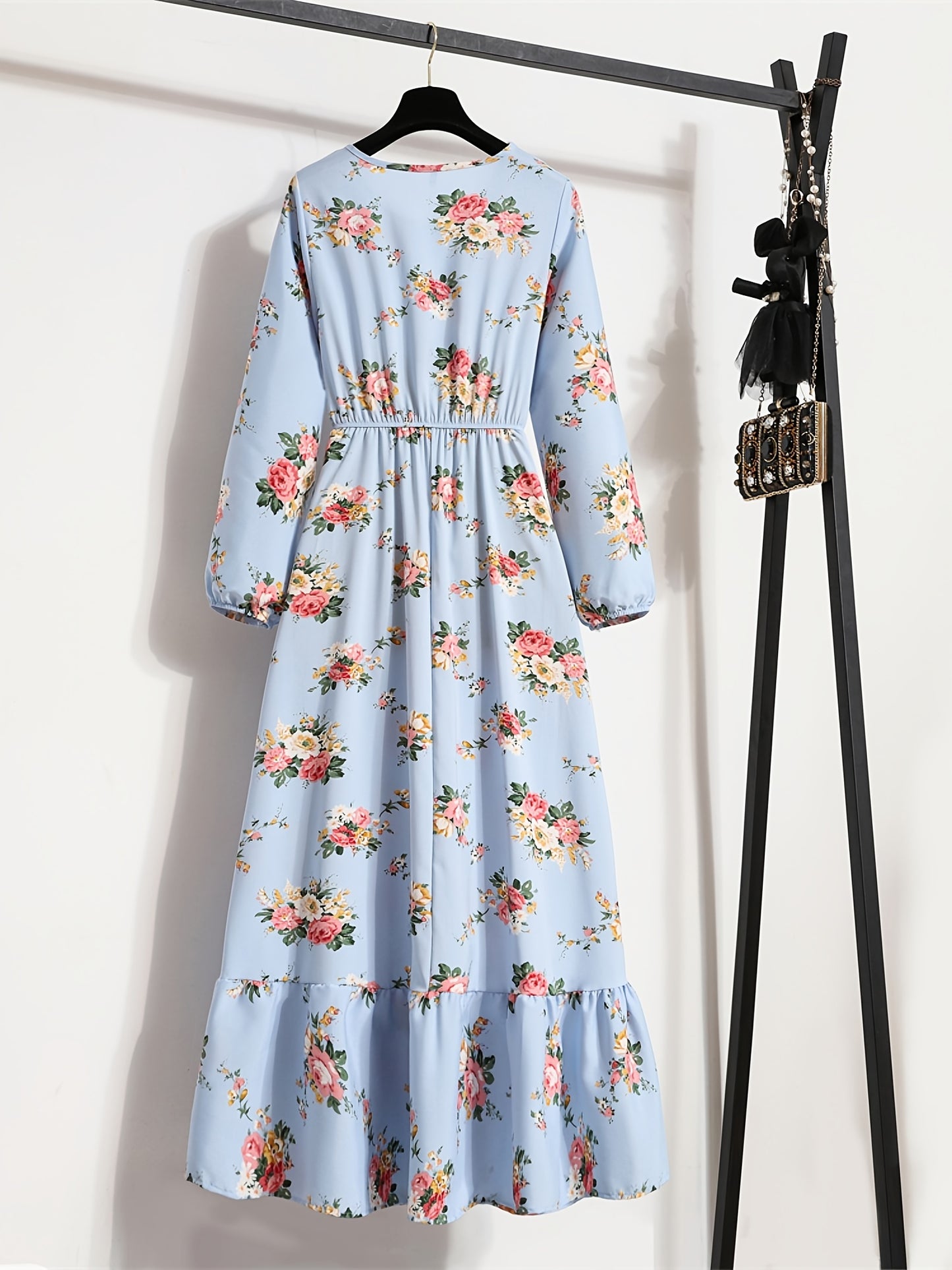 gbolsos Elegant Summer High Waist Fashion Ditsy Floral Print Dress, Slim Temperament Maxi Dresses, Women's Clothing