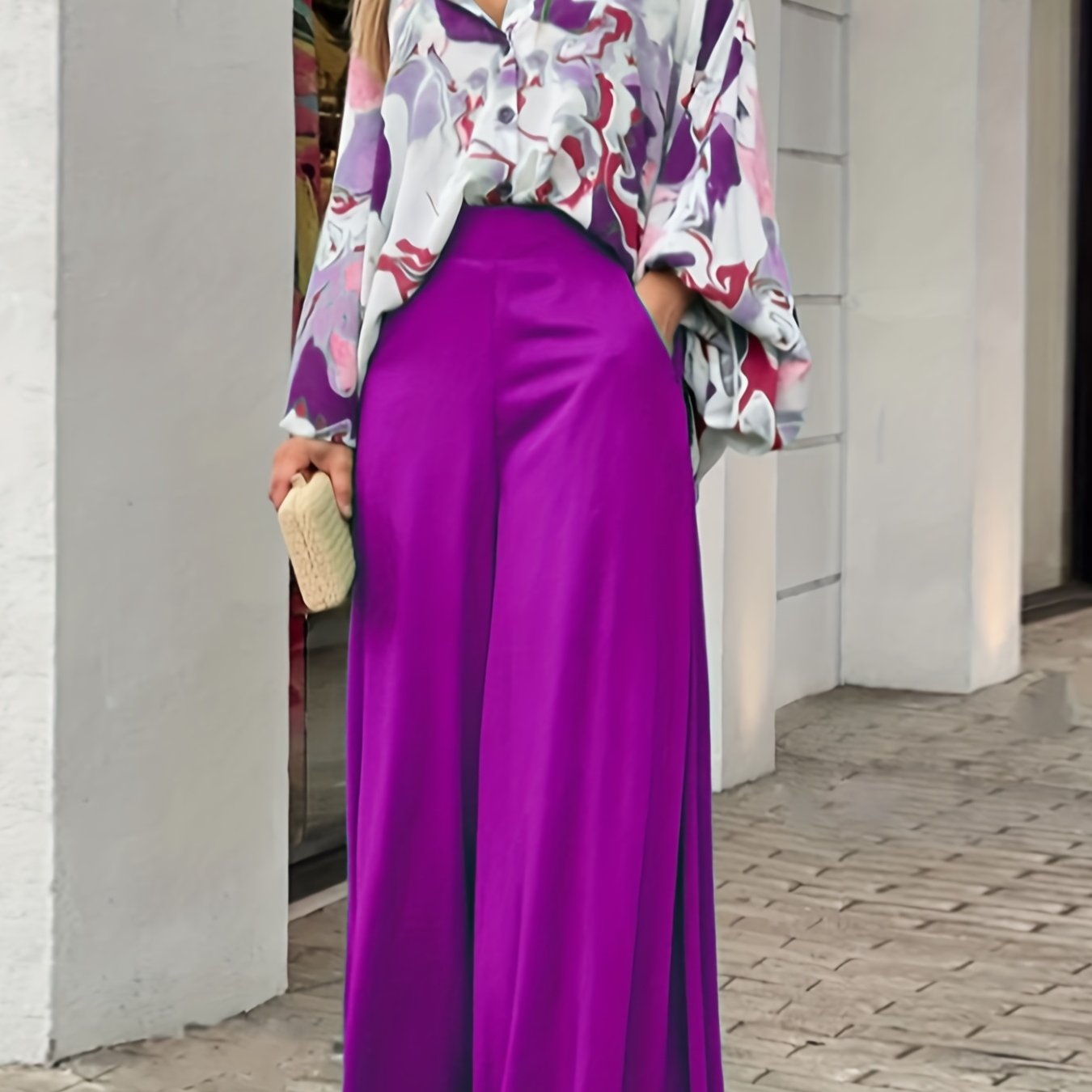gbolsos Batwing Sleeve Tie Dye Blouse & High Waist Solid Pantsuits